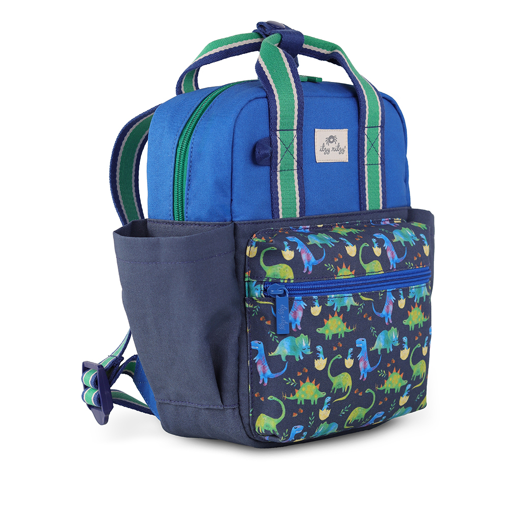 101601542 Itzy Bitzy Bag™ Toddler Backpack - Raining Dinos (2) The Itzy Ritzy Sweetie Strap Plus Bear Silicone Pacifier Clip features a charming design with a small, blue and navy bear print, green and blue striped accents, and matching adjustable components.