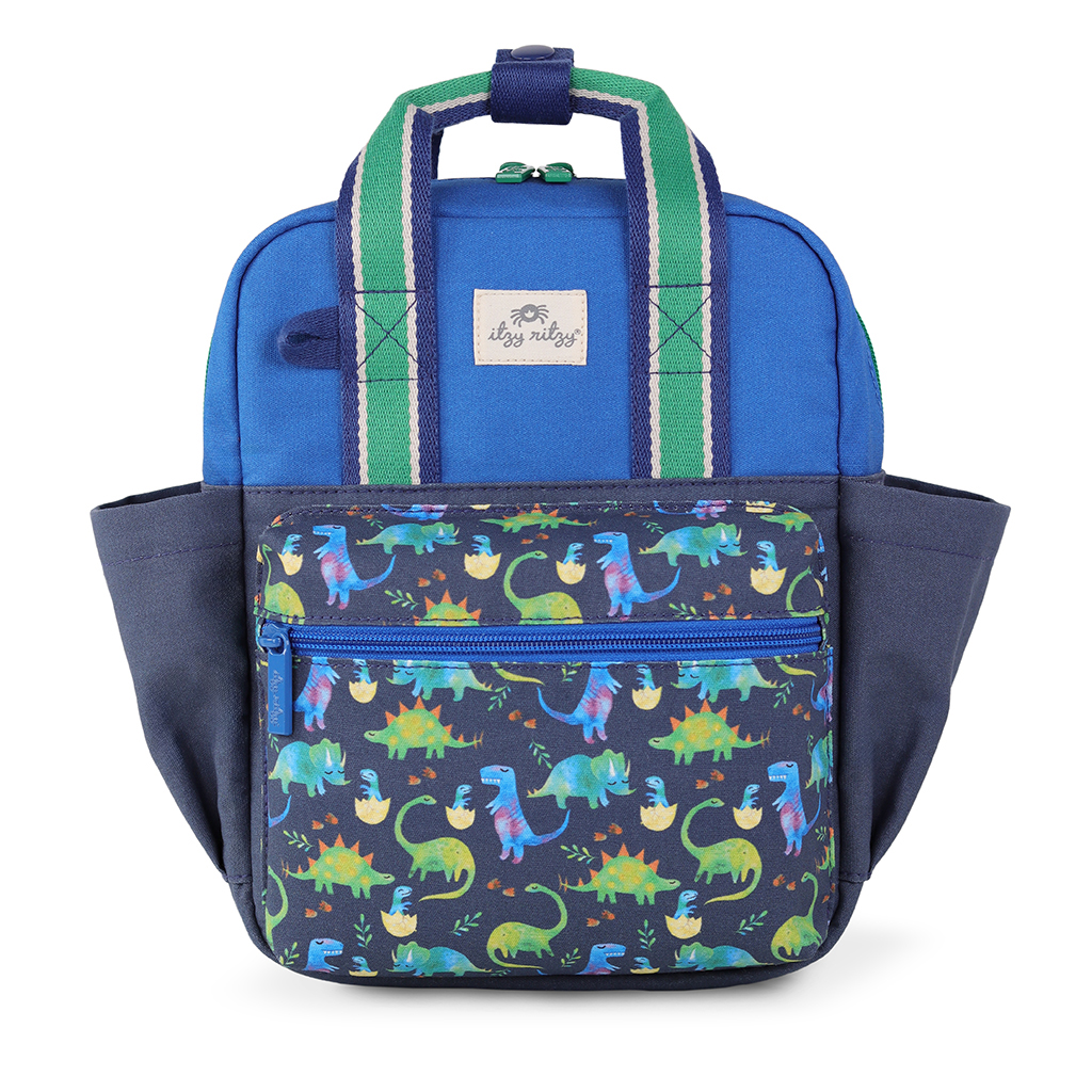 101601542 Itzy Bitzy Bag™ Toddler Backpack - Raining Dinos (23) A blue and navy Itzy Ritzy Sweetie Strap Plus Bear Silicone Pacifier Clip featuring dinosaur designs on the front pocket, with green and white striped straps and a small front zippered compartment.