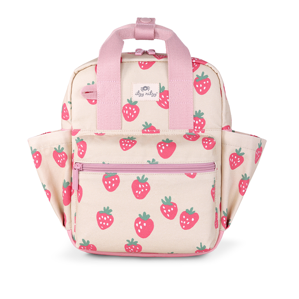 101601543 Itzy Bitzy Bag™ Toddler Backpack - Strawberries & Cream (2) Experience the charming appeal of the Itzy Ritzy Sweetie Strap Plus Bear Silicone Pacifier Clip, featuring a beige body with pink straps and an adorable strawberry print. This practical accessory includes a front zipper pocket and two convenient side pockets.