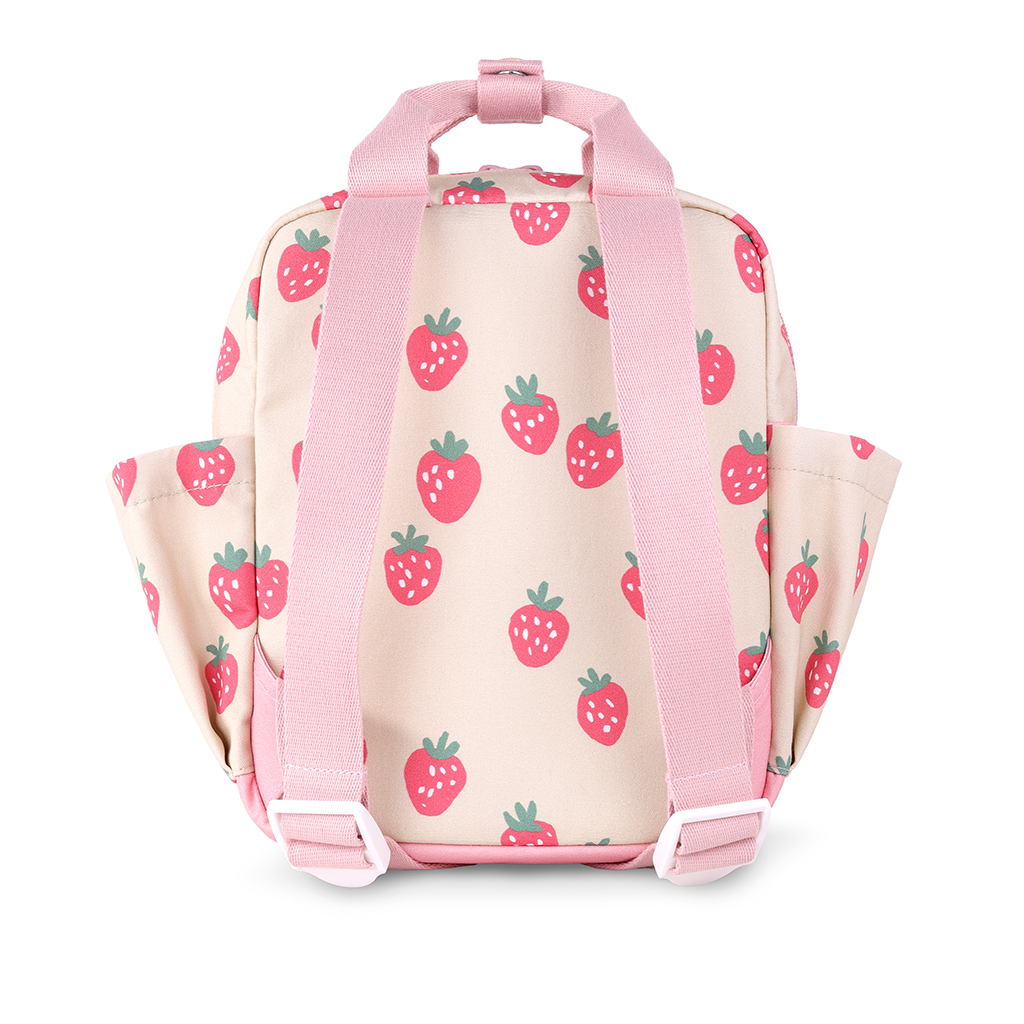 101601543 Itzy Bitzy Bag™ Toddler Backpack - Strawberries & Cream (3) Back view of the Itzy Ritzy Sweetie Strap Plus Bear Silicone Pacifier Clip in a small beige backpack with pink straps featuring a strawberry pattern.