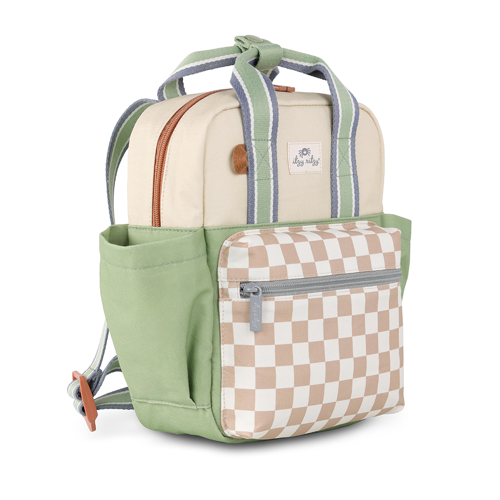 101601544 Itzy Bitzy Bag™ Toddler Backpack - Check Yes! (20) Itzy Ritzy Sweetie Strap Plus Bear Silicone Pacifier Clip features a small beige and light green design, complete with a checkered front pocket, gray striped shoulder straps, brown zippers, and a top handle.