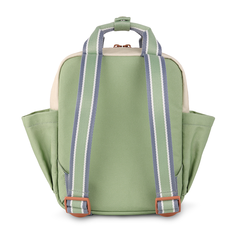 101601544 Itzy Bitzy Bag™ Toddler Backpack - Check Yes! (21) A green Itzy Ritzy Sweetie Strap Plus Bear Silicone Pacifier Clip featuring two side pockets, adjustable shoulder straps with white and blue stripes, and a top handle.