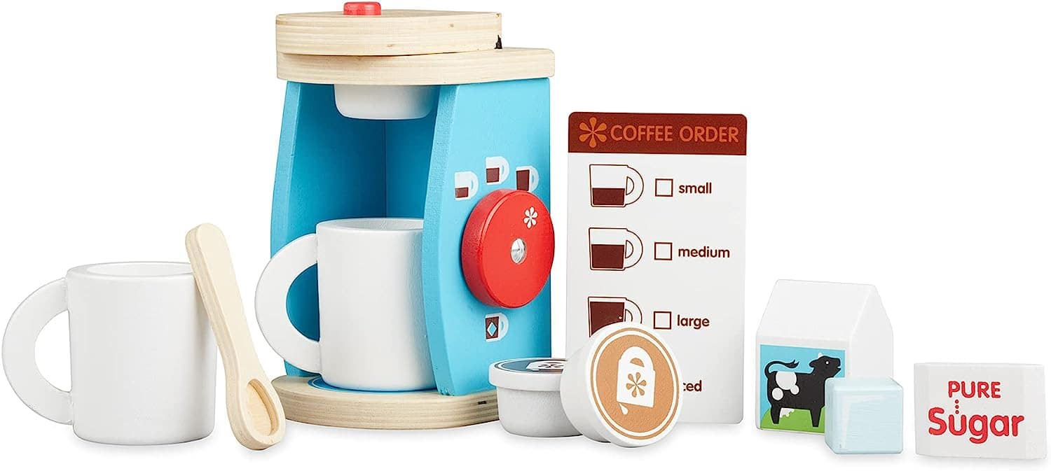 Melissa & Doug Brew & Serve Wooden Coffee Maker Set (Play Kitchen Accessories, Encourages Imaginative Play, A Melissa & Doug Brew and Serve Wooden Coffee Maker Set with cups and sugar.