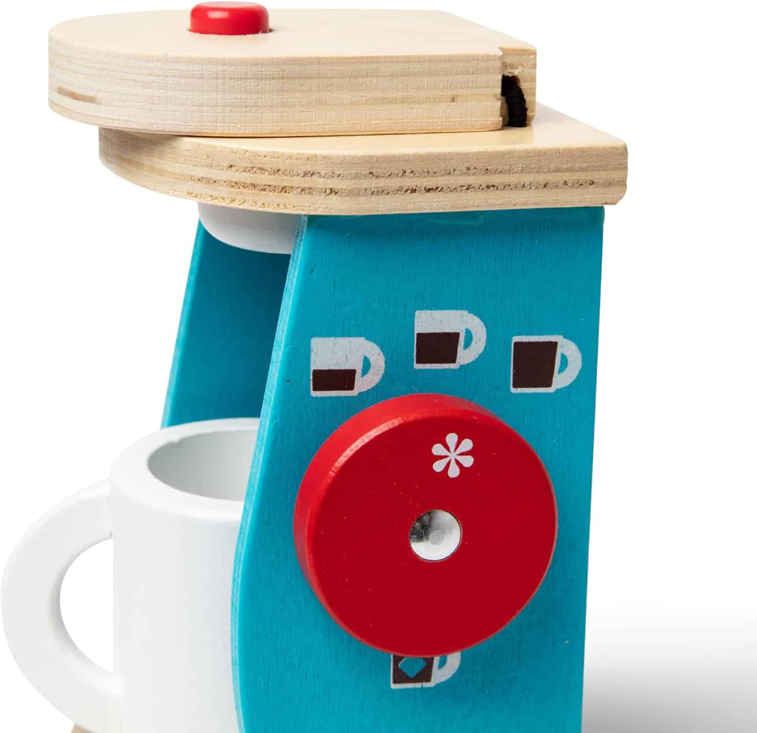 Melissa & Doug Brew & Serve Wooden Coffee Maker Set (Play Kitchen Accessories, Encourages Imaginative Play, A Melissa & Doug Brew and Serve Wooden Coffee Maker Set with a mug on it.