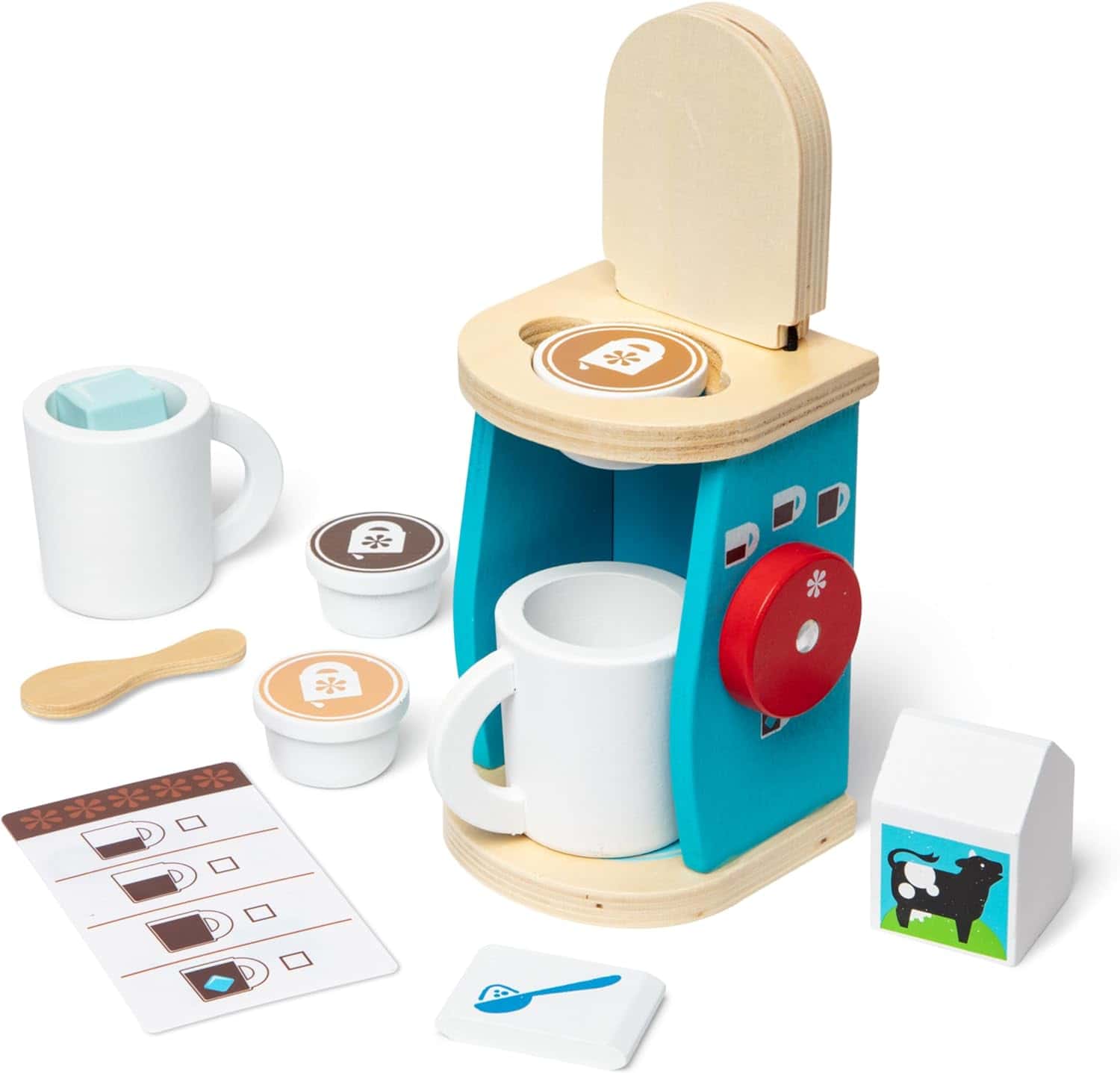 Melissa & Doug Brew & Serve Wooden Coffee Maker Set (Play Kitchen Accessories, Encourages Imaginative Play, A Melissa & Doug Brew and Serve Wooden Coffee Maker Set with cups and mugs.