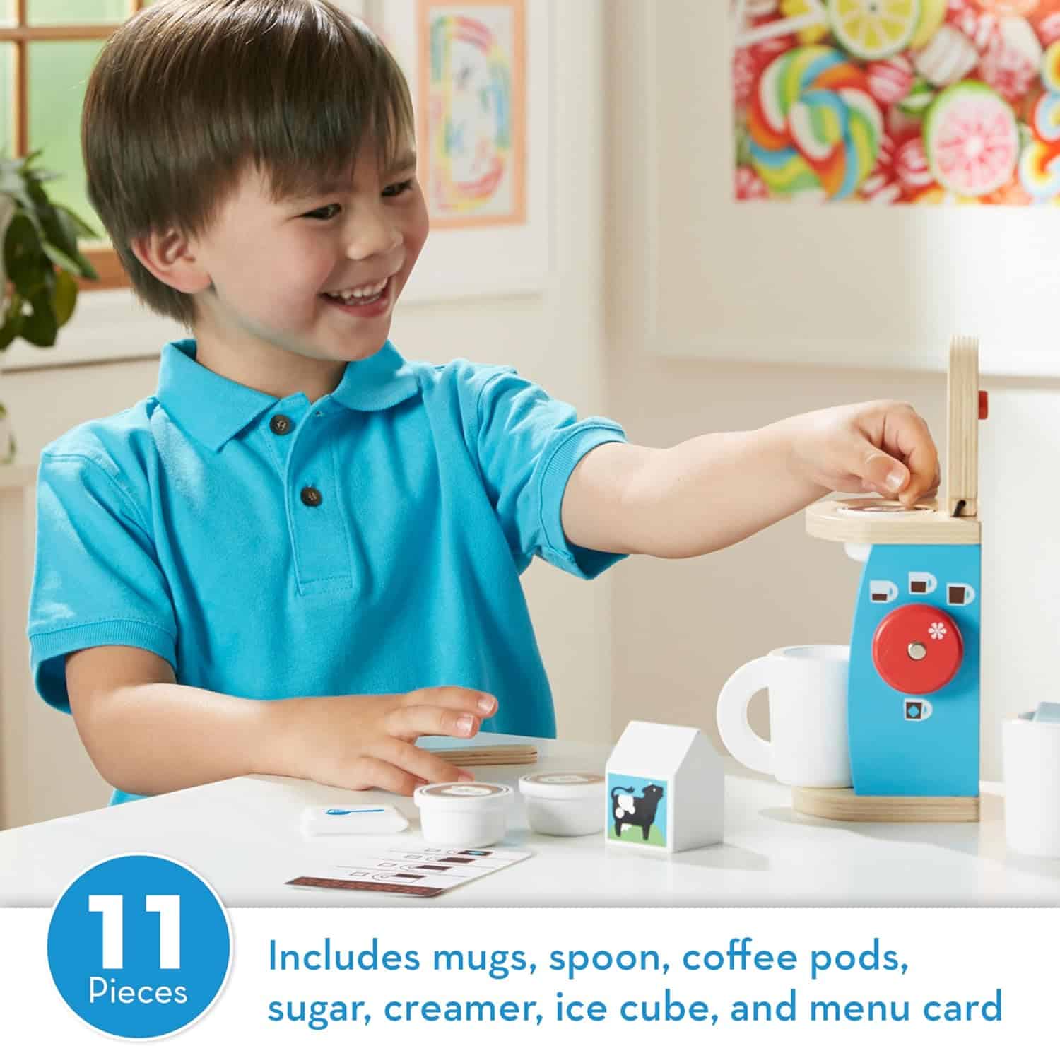 Melissa & Doug Brew & Serve Wooden Coffee Maker Set (Play Kitchen Accessories, Encourages Imaginative Play, A young boy is playing with the Melissa & Doug Brew and Serve Wooden Coffee Maker Set.