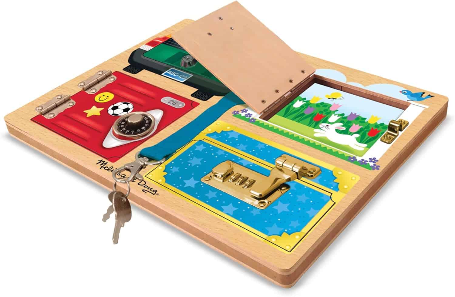 Melissa-and-Doug-Locks-and-Latches Board-Wooden Educational-Toy-9540 (2) A Melissa & Doug Locks and Latches Board with a lock and key.