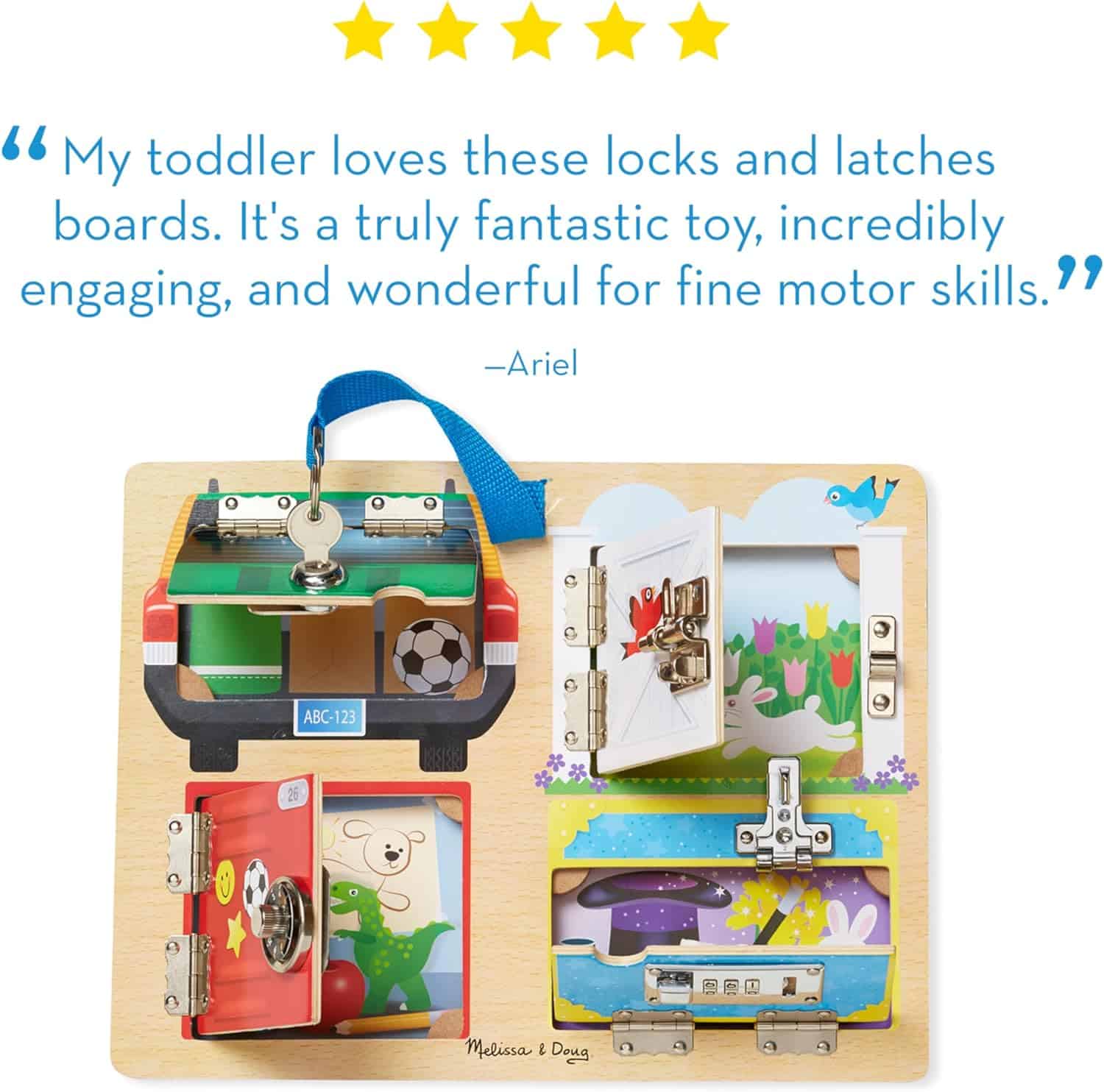 Melissa-and-Doug-Locks-and-Latches Board-Wooden Educational-Toy-9540 (9) A Melissa & Doug Locks and Latches Board with a picture of a toy and a picture of a toy.