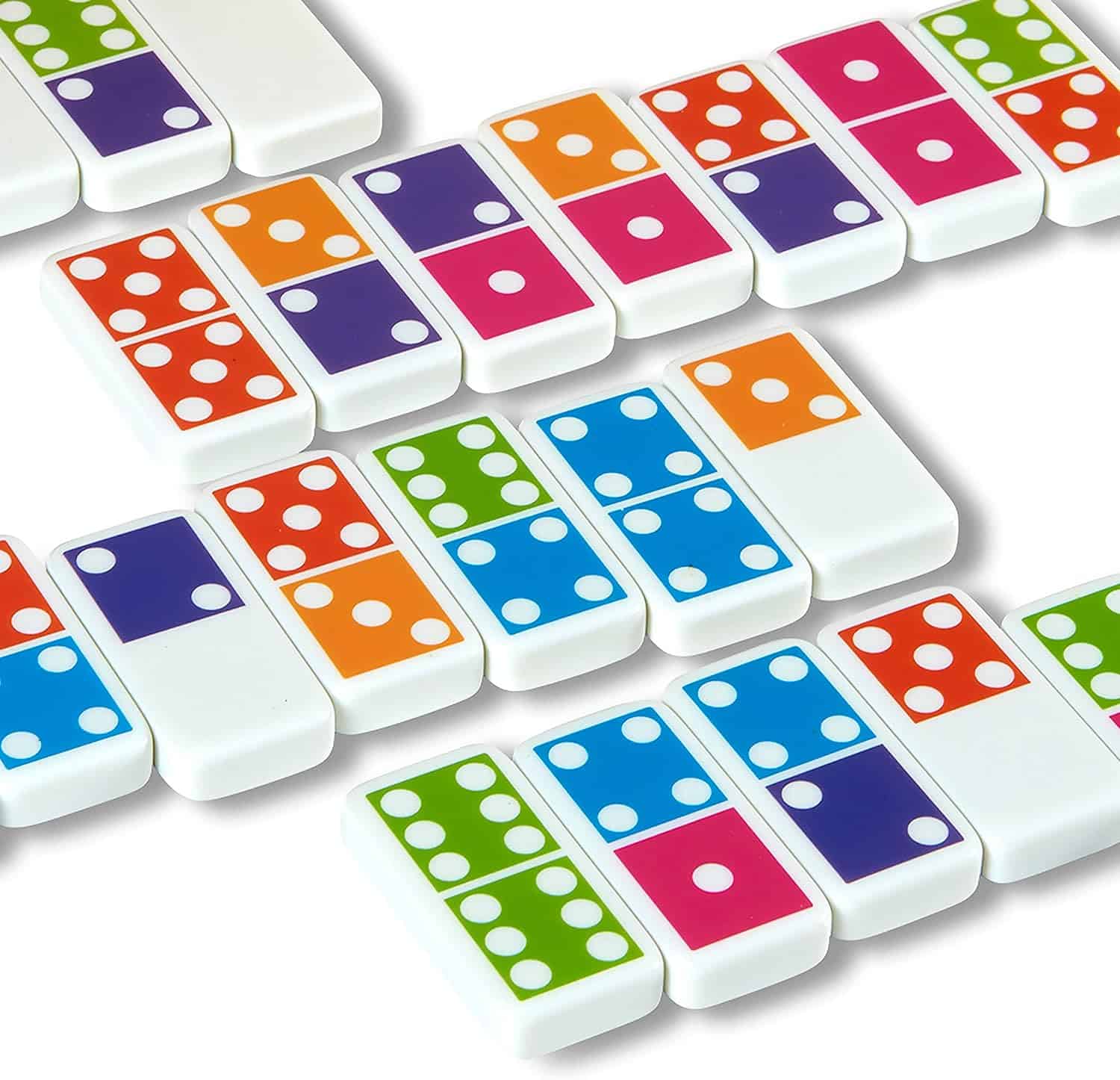 Melissa & Doug Dominoes Tabletop Game 28 Colorful Tiles MD30388 (2) A Melissa & Doug Dominoes Tabletop Game 28 Colorful Tiles on a white surface.