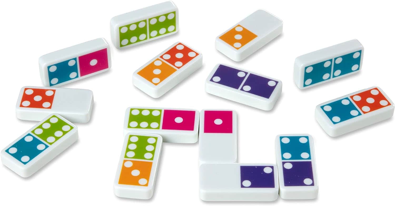 Melissa & Doug Dominoes Tabletop Game 28 Colorful Tiles MD30388 (6) A set of Melissa & Doug Dominoes Tabletop Game 28 Colorful Tiles on a white surface.