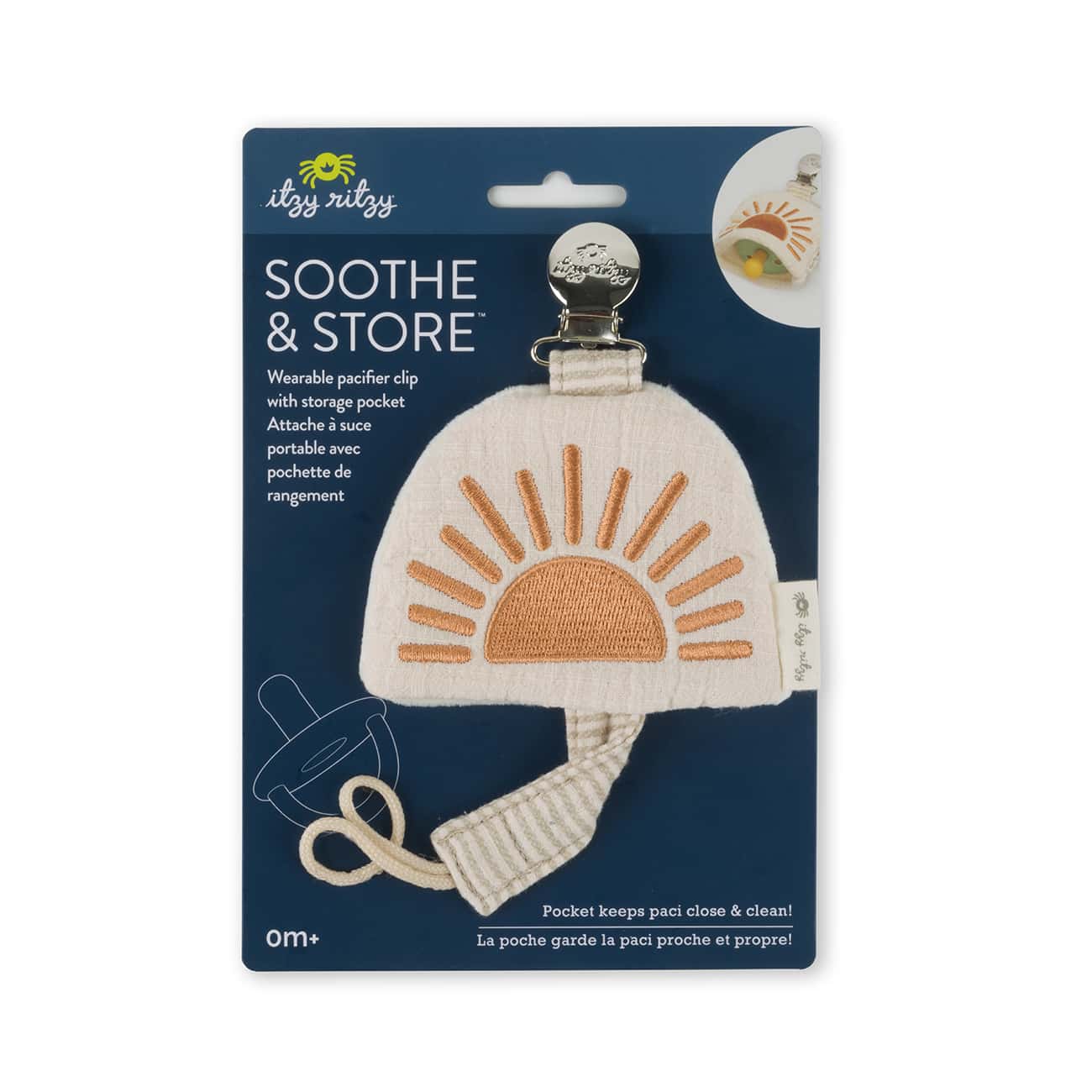 A package with an Itzy Ritzy Soothe & Store Pacifier Clip & Storage Pouch.