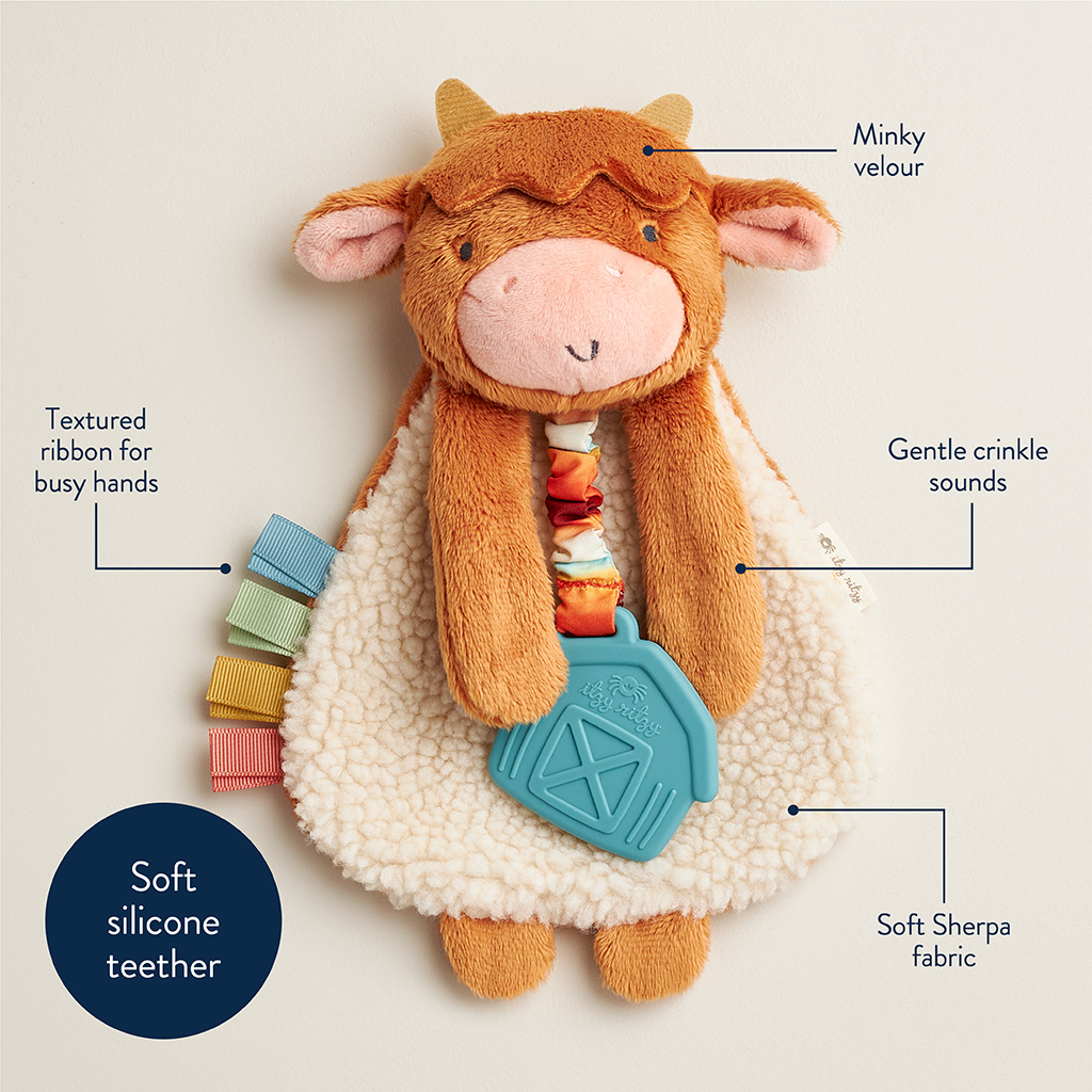 302801668_Itzy_Ritzy_Itzy_Lovey_Highland_Cow Plush cow toy with textured ribbon, a silicone teether, soft Sherpa fabric, minky velour, and gentle crinkle sounds.