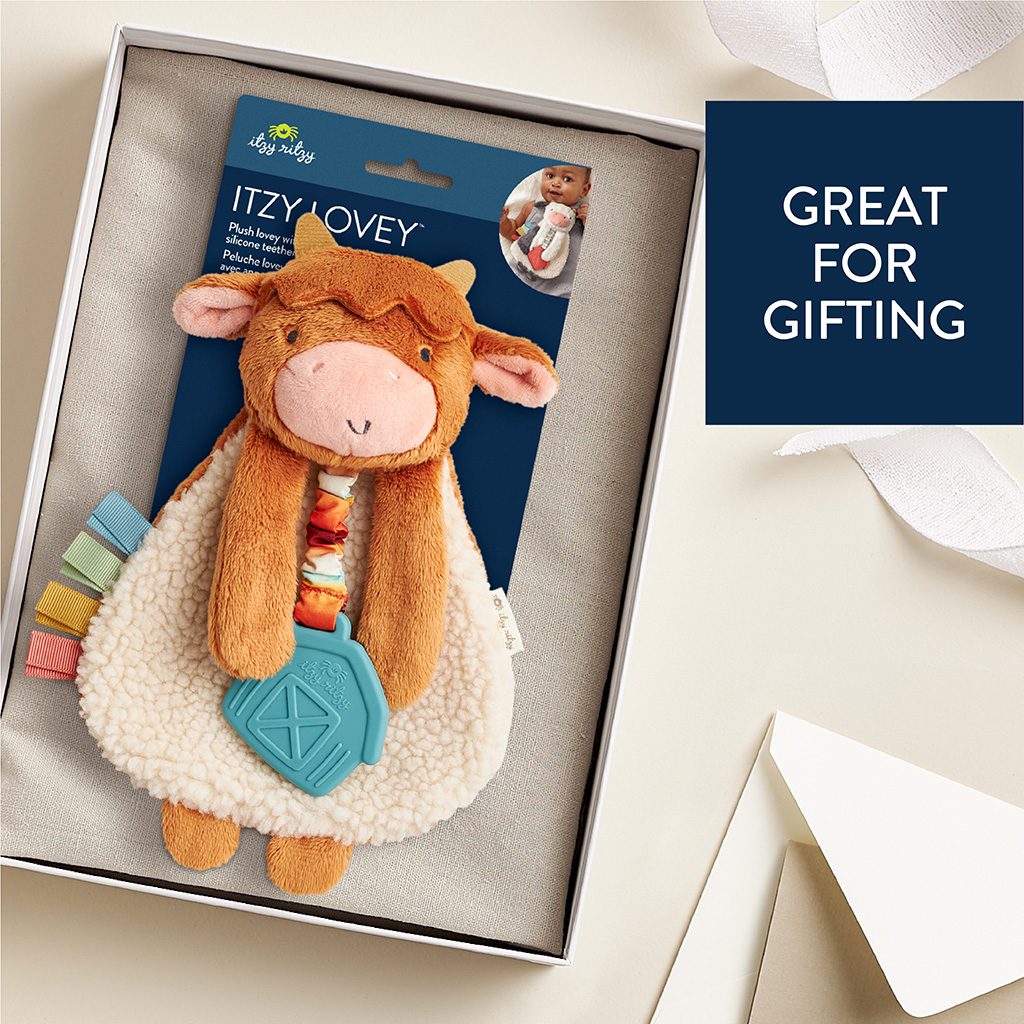 302801668_Itzy_Ritzy_Itzy_Lovey_Highland_Cow A stuffed toy packaged in a box with a "Great for Gifting" label. The toy is a plush llama with a textured teether attached.