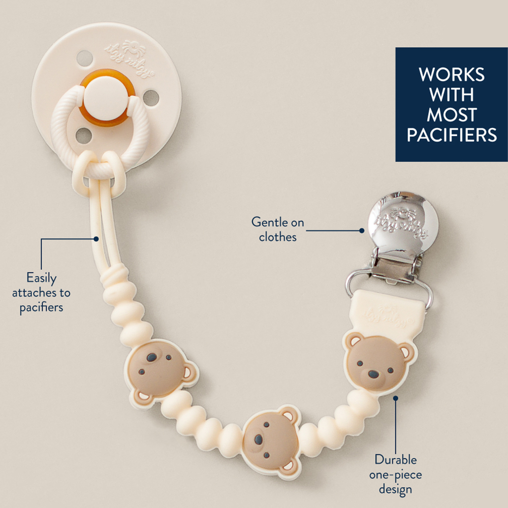705101559 Sweetie Strap Plus™ Bear (3) The Itzy Ritzy Sweetie Strap Plus Bear Silicone Pacifier Clip features a white, durable one-piece design with charming bear faces. It easily attaches to pacifiers and is gentle on clothes. The text reads "WORKS WITH MOST PACIFIERS".
