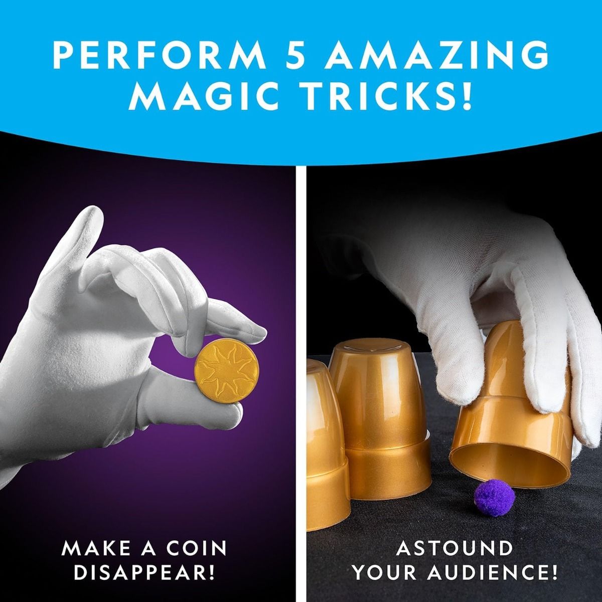 71f83pzyisl._ac_sl1500_ Image showing two magic tricks: On the left, a hand holding a coin with the text "Make a coin disappear!", and on the right, three cups with a ball and the text "Astound your audience!" using the National Geographic Magic Set 5 Tricks Perform Magic Kit Wand Card Cup Balls STEM Educational NatGeo NGEO.