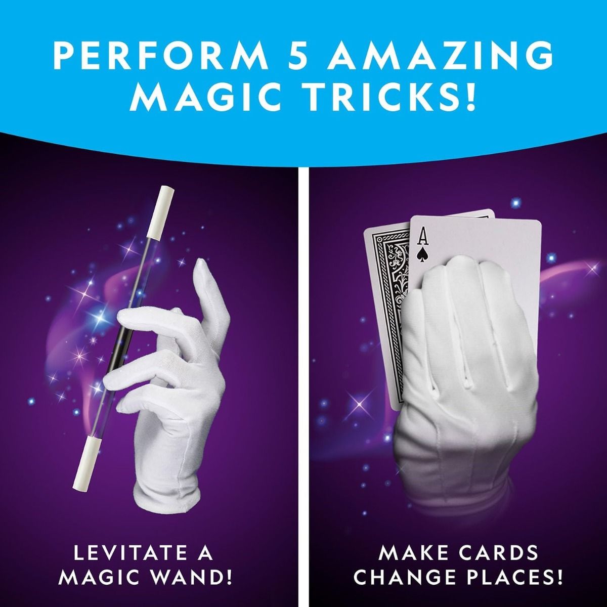 71j-9ac87cl._ac_sl1500_ Instruction image for performing magic tricks, depicting a levitating wand with a hand in a white glove and another white-gloved hand holding playing cards with text describing the tricks from the National Geographic Magic Set 5 Tricks Perform Magic Kit Wand Card Cup Balls STEM Educational NatGeo NGEO.
