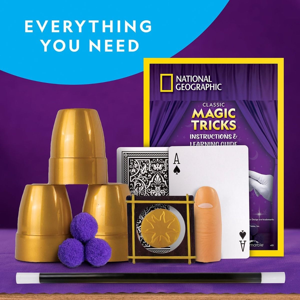 71vn2b88tll._ac_sl1500_ A National Geographic Magic Set 5 Tricks Perform Magic Kit Wand Card Cup Balls STEM Educational NatGeo NGEO featuring cups, balls, cards, a magic wand, a thumb prop, and a National Geographic instruction guide against a purple backdrop with text saying "EVERYTHING YOU NEED.