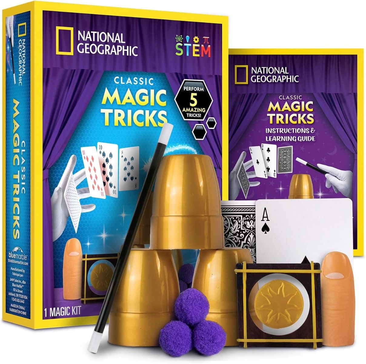 81fhwg8nkel._ac_sl1500_ National Geographic Magic Set 5 Tricks Perform Magic Kit Wand Card Cup Balls STEM Educational NatGeo NGEO includes cups, balls, cards, magic wand, thumb tip, and instructions. Perform 5 magic tricks. Designed for STEM learning.