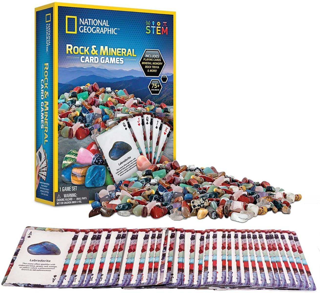 81nn8ci9dal._ac_sl1500_ A National Geographic Rock And Mineral Card Game Gemstone BoardGame Kids Learn STEM Educational NGEO NatGeo on display, featuring playing cards and a variety of small polished rocks spread out, ideal for educating about geology and STEM.