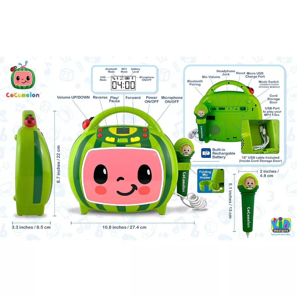 CoComelon Bluetooth MP3 Player Sing-Along Boombox Speaker With Karaoke Microphone USB Toddler Kids (3) A green singing machine with a smiling face design, featuring multiple buttons, a built-in rechargeable battery, a handle, a microphone, and dimensions outlined in inches and centimeters.