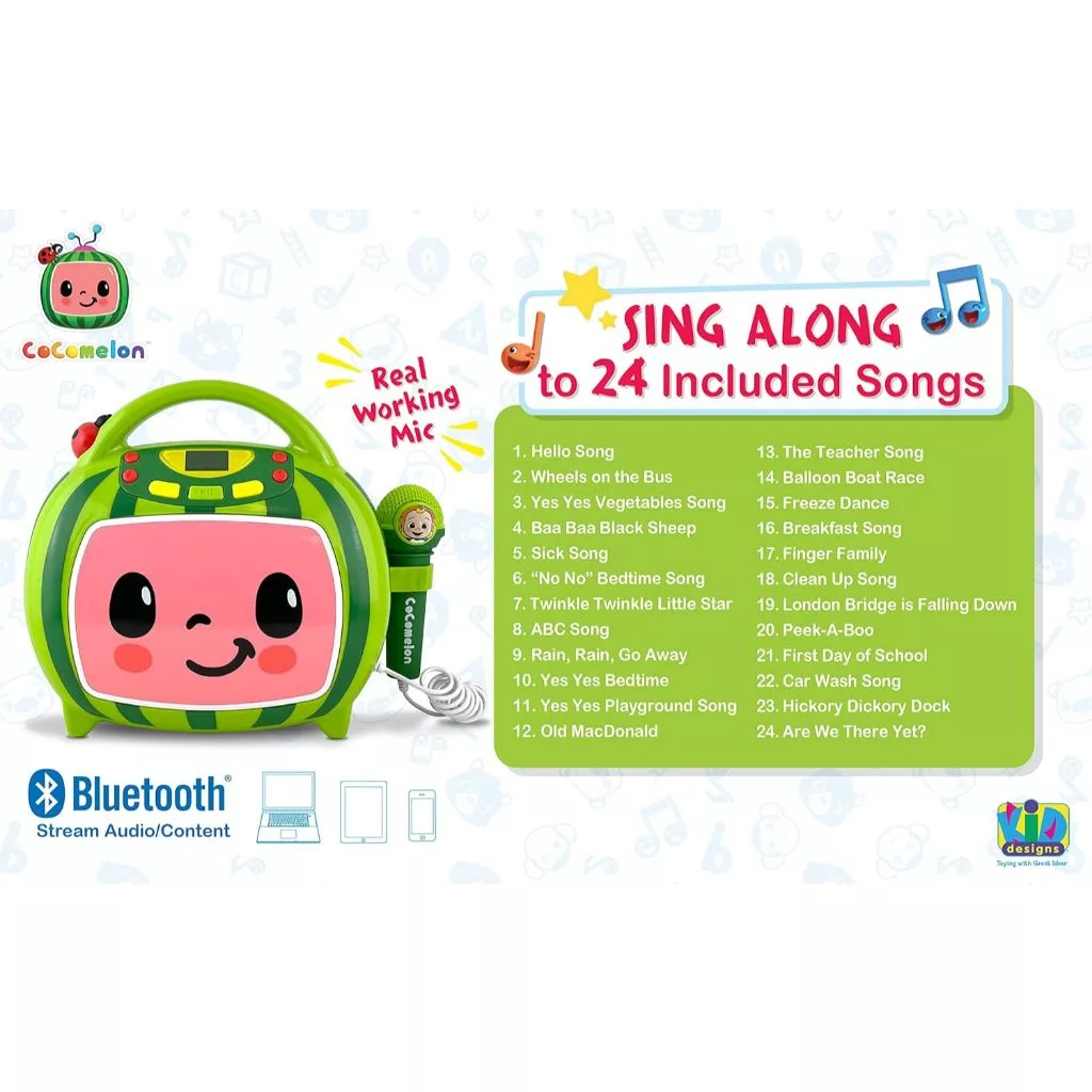 CoComelon Bluetooth MP3 Player Sing-Along Boombox Speaker With Karaoke Microphone USB Toddler Kids (4) A Cocomelon-themed children's karaoke machine with a microphone, featuring Bluetooth connectivity and a song list of 24 included tracks displayed on the right side.