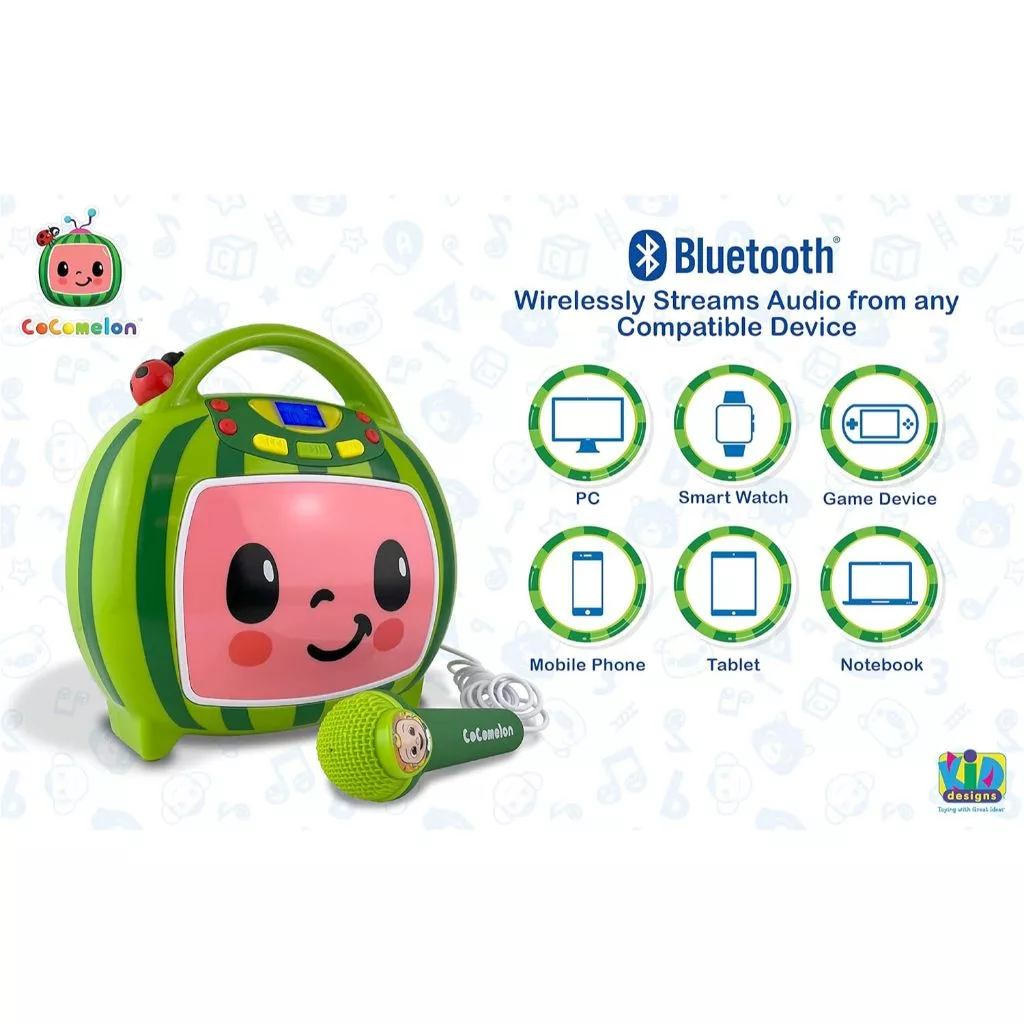 CoComelon Bluetooth MP3 Player Sing-Along Boombox Speaker With Karaoke Microphone USB Toddler Kids (5) Image of a kid-friendly audio device with a smiling face, a green handle, and a microphone. Features Bluetooth connectivity to PC, smartphone, game console, mobile phone, tablet, and notebook.