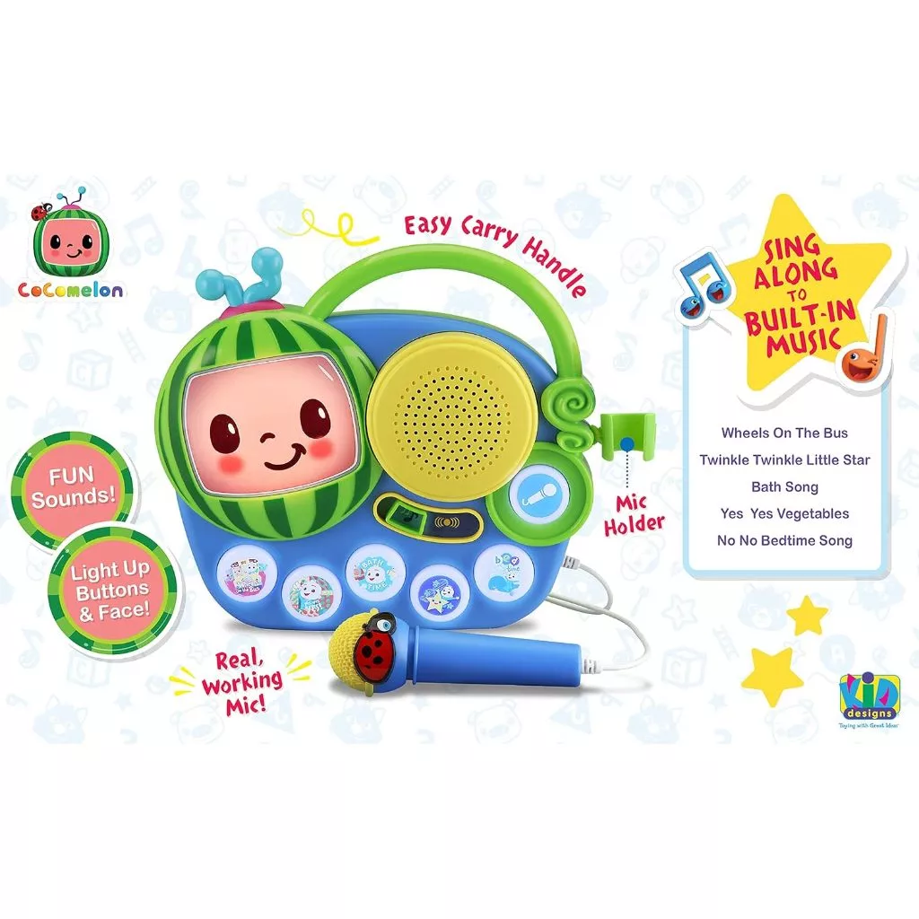 Cocomelon Toy My First Sing Along Boombox Working Microphone Music Singalong Toddler (1) Introducing the Cocomelon Toy My First Sing Along Boombox, a delightful children's karaoke machine with a cheerful character design. It features a working microphone, built-in speaker, light-up buttons, and comes pre-loaded with classic songs like "Twinkle Twinkle Little Star" and "Wheels on the Bus.