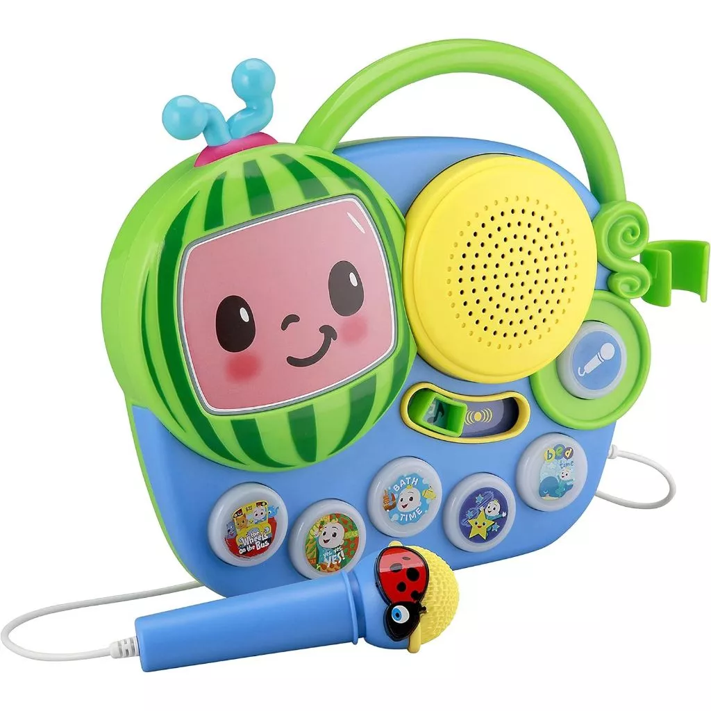 Cocomelon Toy My First Sing Along Boombox Working Microphone Music Singalong Toddler (2) The Cocomelon Toy My First Sing Along Boombox features a vibrant design with a cheerful face, buttons showcasing different characters and icons, and includes a working microphone adorned with a ladybug motif, perfect for toddlers to enjoy music and singalong fun.