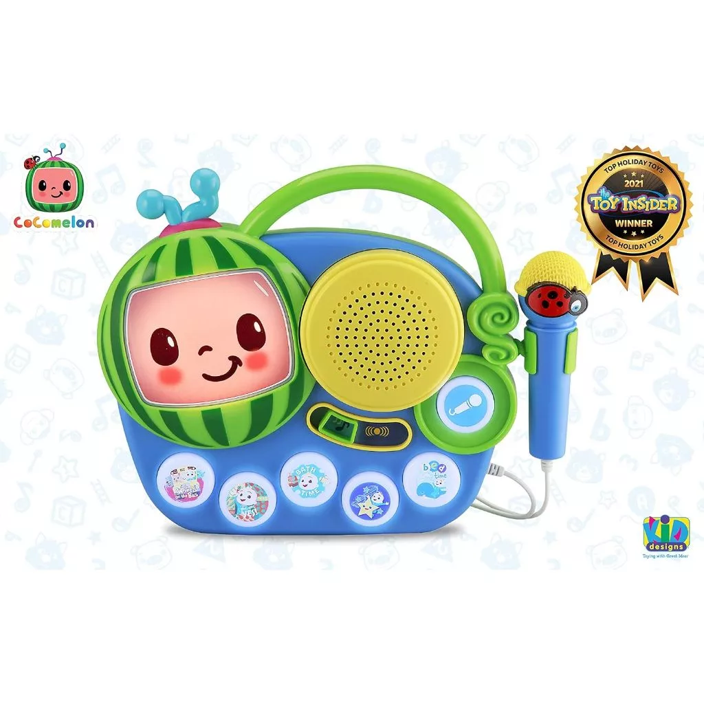 Cocomelon Toy My First Sing Along Boombox Working Microphone Music Singalong Toddler (4) The Cocomelon Toy My First Sing Along Boombox is a vibrant children's karaoke machine that features a cheerful character display, an integrated speaker, and a detachable microphone. Proudly displaying its 2021 Toy Insider award badge on the top right, it's perfect for young music enthusiasts.