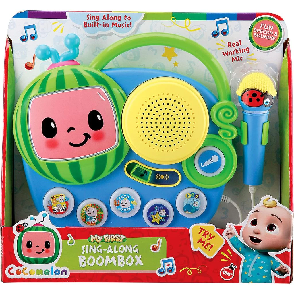 Cocomelon Toy My First Sing Along Boombox Working Microphone Music Singalong Toddler (8) The Cocomelon Toy My First Sing Along Boombox features a green and blue design with a smiling face, a working microphone, and colorful buttons. The packaging highlights the Cocomelon branding and promotes its sing-along music features, making it perfect for toddlers and children.