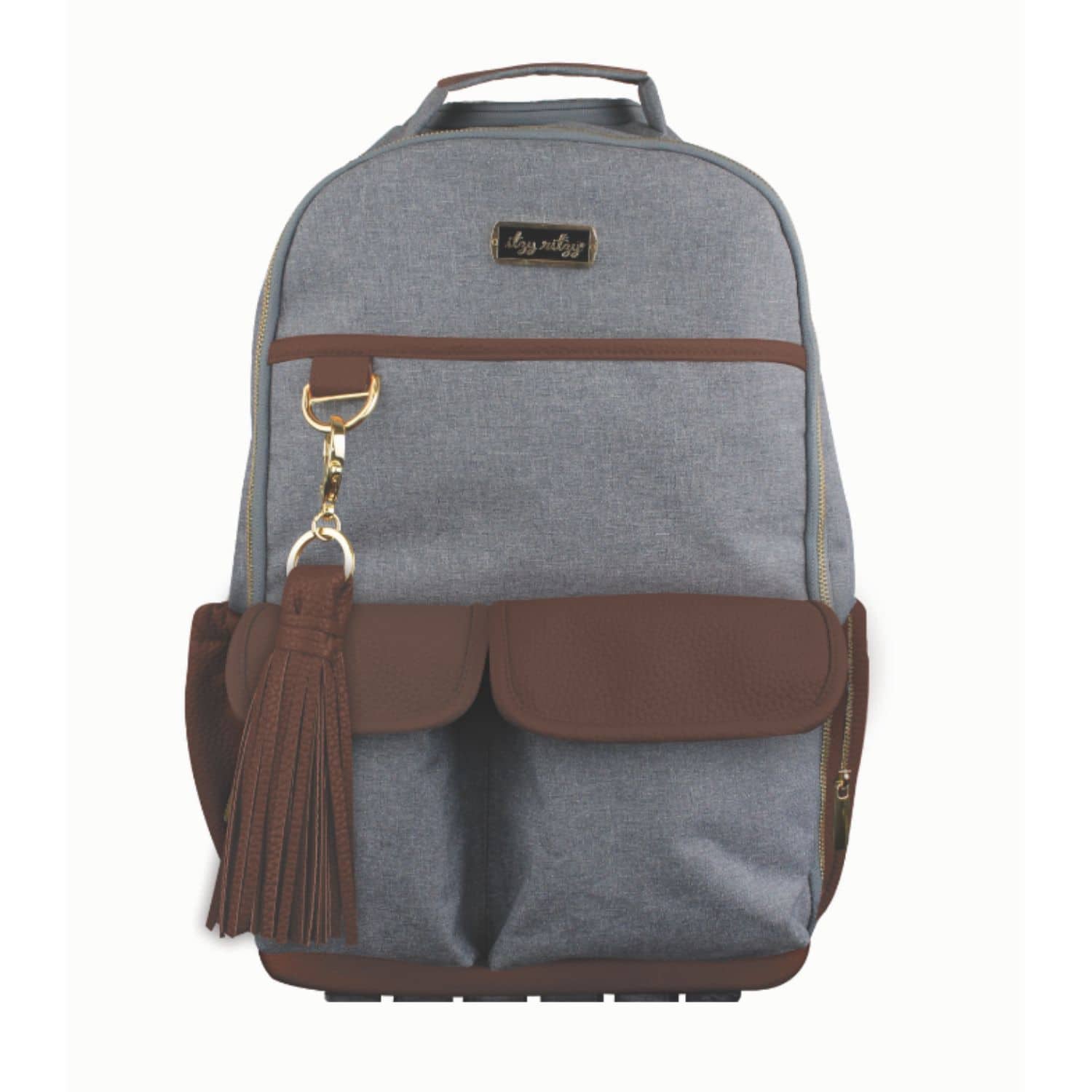 DBB4000 Handsome Heather Gray Boss Backpack (1)1 A grey backpack with tassels and brown trim.