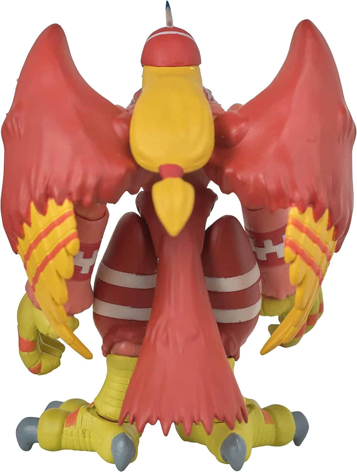 DIGIMON Shodo 3.5 Garudamon Action Figure 86973 (5) A detailed, red and yellow Digimon Shodo 3.5" Figure of a bird-like creature, viewed from the back, displaying its large wings and clawed feet.