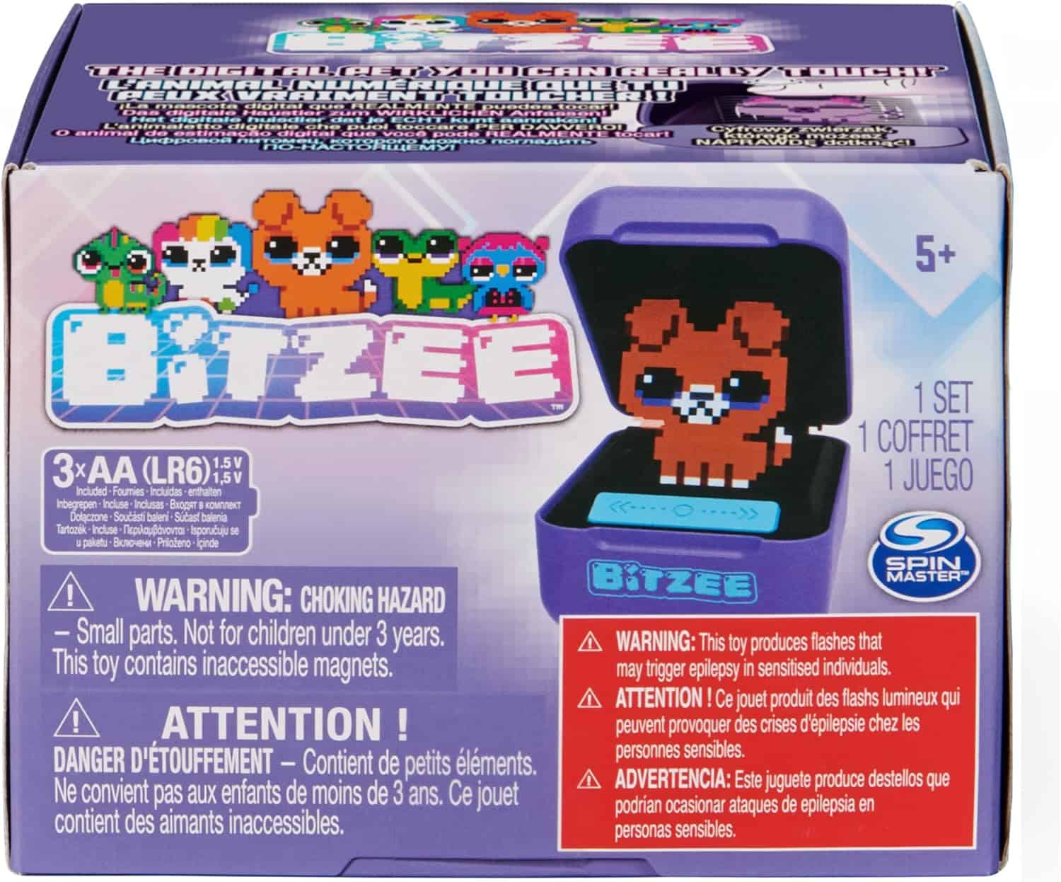 Interactive Toy Digital Pet with 15 Animals Inside, Virtual Electronic Pets React to Touch, Kids Toys for Girls and Boys (2) A Spin Master Bitzee Interactive Toy Digital Pet package showing a cute pixelated bear character on the LCD screen, suitable for ages 5+. Includes choking hazard warning and requires 3 AA batteries.