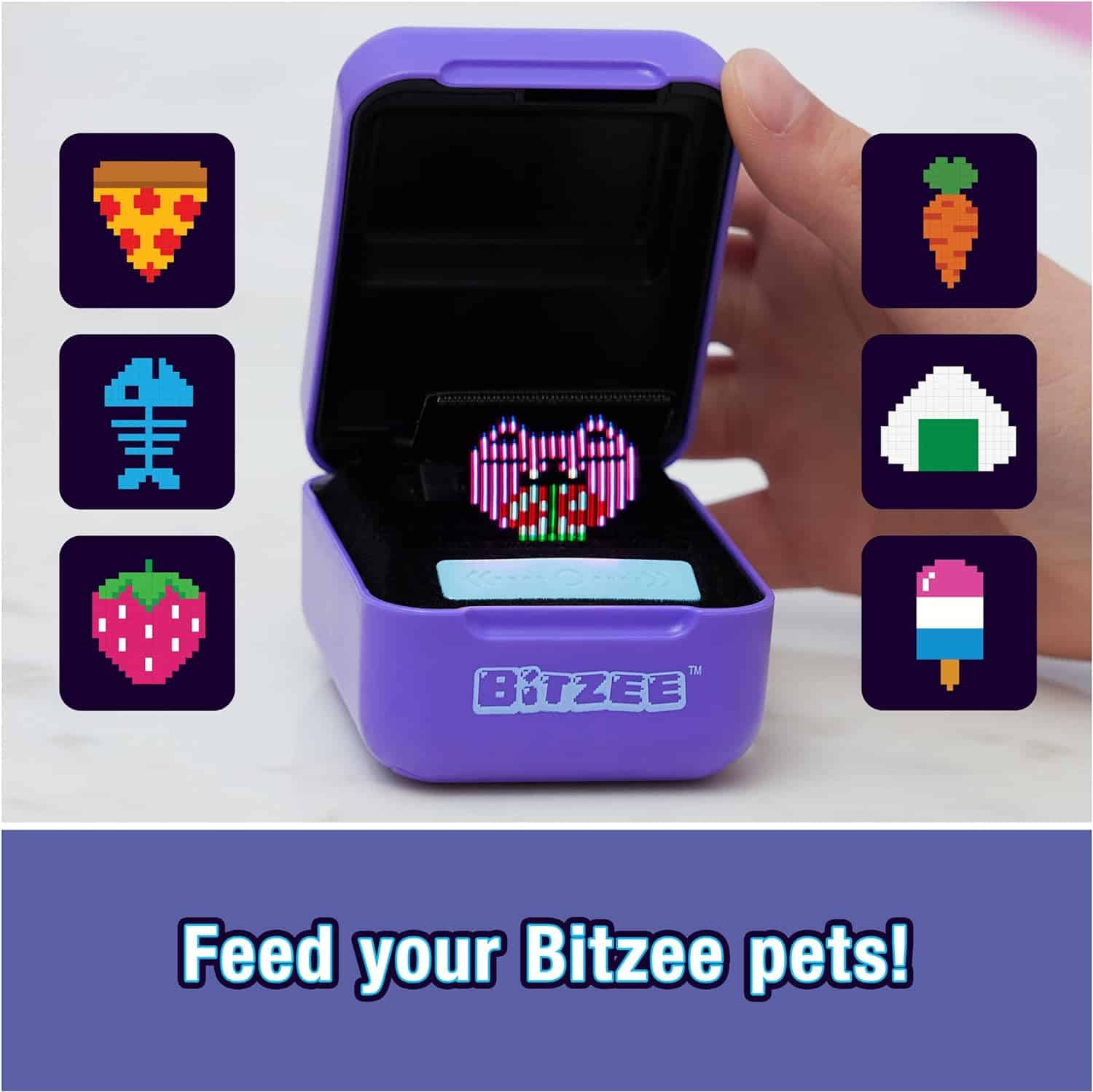 Interactive Toy Digital Pet with 15 Animals Inside, Virtual Electronic Pets React to Touch, Kids Toys for Girls and Boys (3) A digital image of a handheld device called Spin Master Bitzee Interactive Toy Digital Pet, featuring a digital pet on the screen. Various pixelated food icons surround the device. The text reads, "Feed your Spin Master Bitzee Interactive Toy Digital Pet!