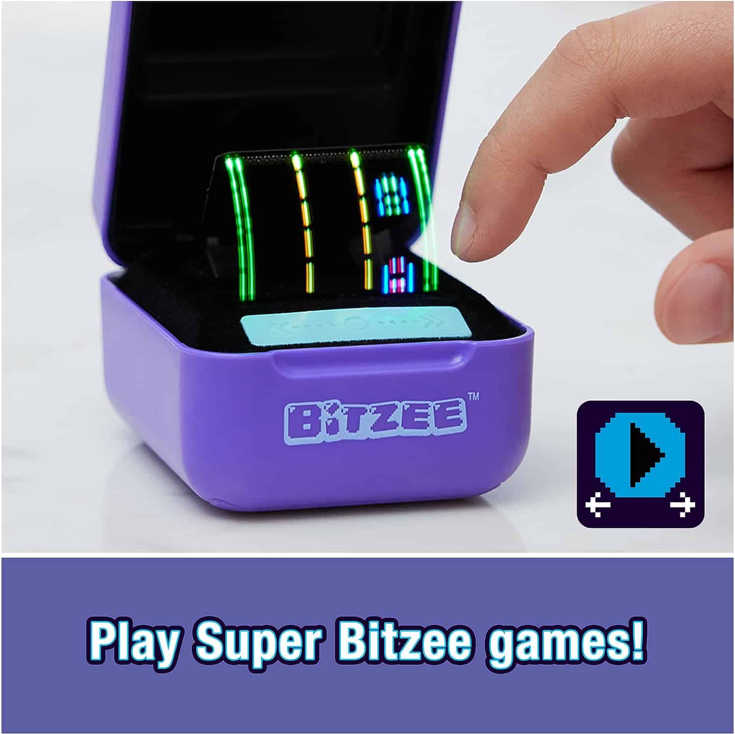 Interactive Toy Digital Pet with 15 Animals Inside, Virtual Electronic Pets React to Touch, Kids Toys for Girls and Boys (4) A hand interacts with a small, open purple box labeled "Spin Master Bitzee Interactive Toy Digital Pet," displaying colorful LED lights. Text below reads, "Play Super Bitzee games!" A play button icon is shown on the right.