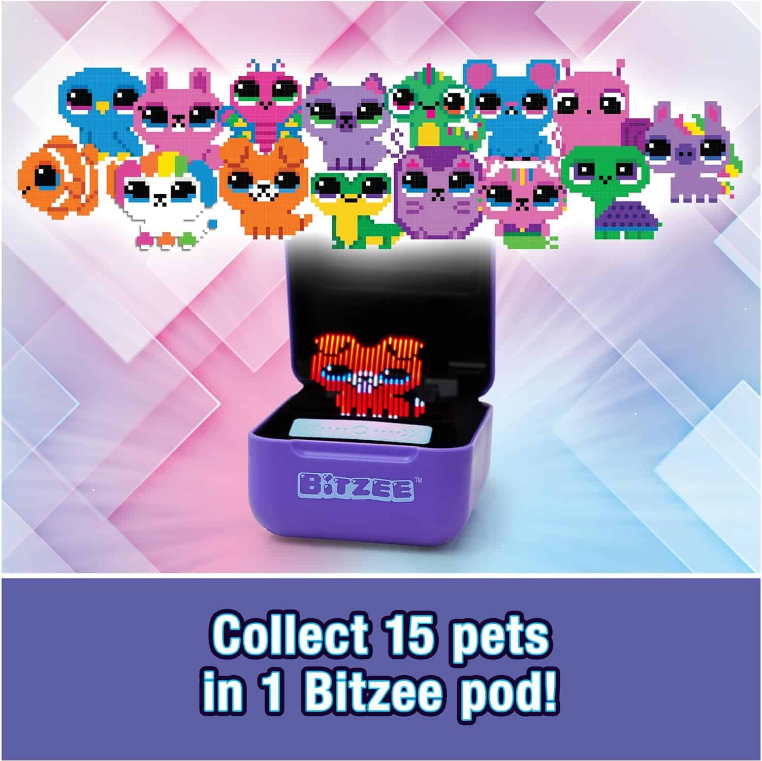 Interactive Toy Digital Pet with 15 Animals Inside, Virtual Electronic Pets React to Touch, Kids Toys for Girls and Boys (5) Image of a Spin Master Bitzee Interactive Toy Digital Pet displaying pixelated animal characters on a screen. Text reads: "Collect 15 pets in 1 Spin Master Bitzee Interactive Toy Digital Pet pod!" The pod is purple with the Spin Master Bitzee logo.