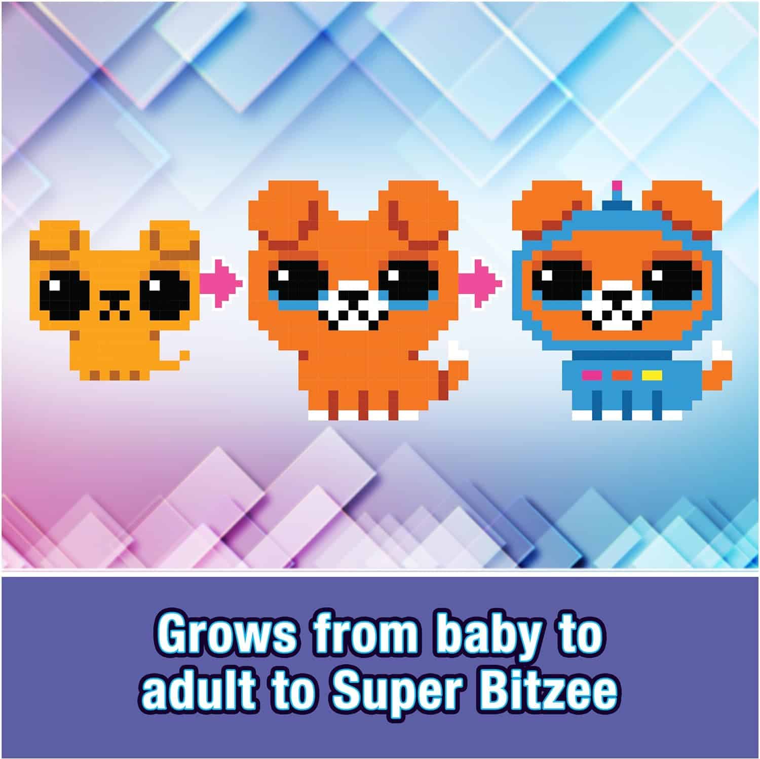 Interactive Toy Digital Pet with 15 Animals Inside, Virtual Electronic Pets React to Touch, Kids Toys for Girls and Boys (6) Pixel art graphics of a character growing from baby to adult to a superhero, set against a geometric background with the caption "Grows from baby to adult to Spin Master Bitzee Interactive Toy Digital Pet" below.