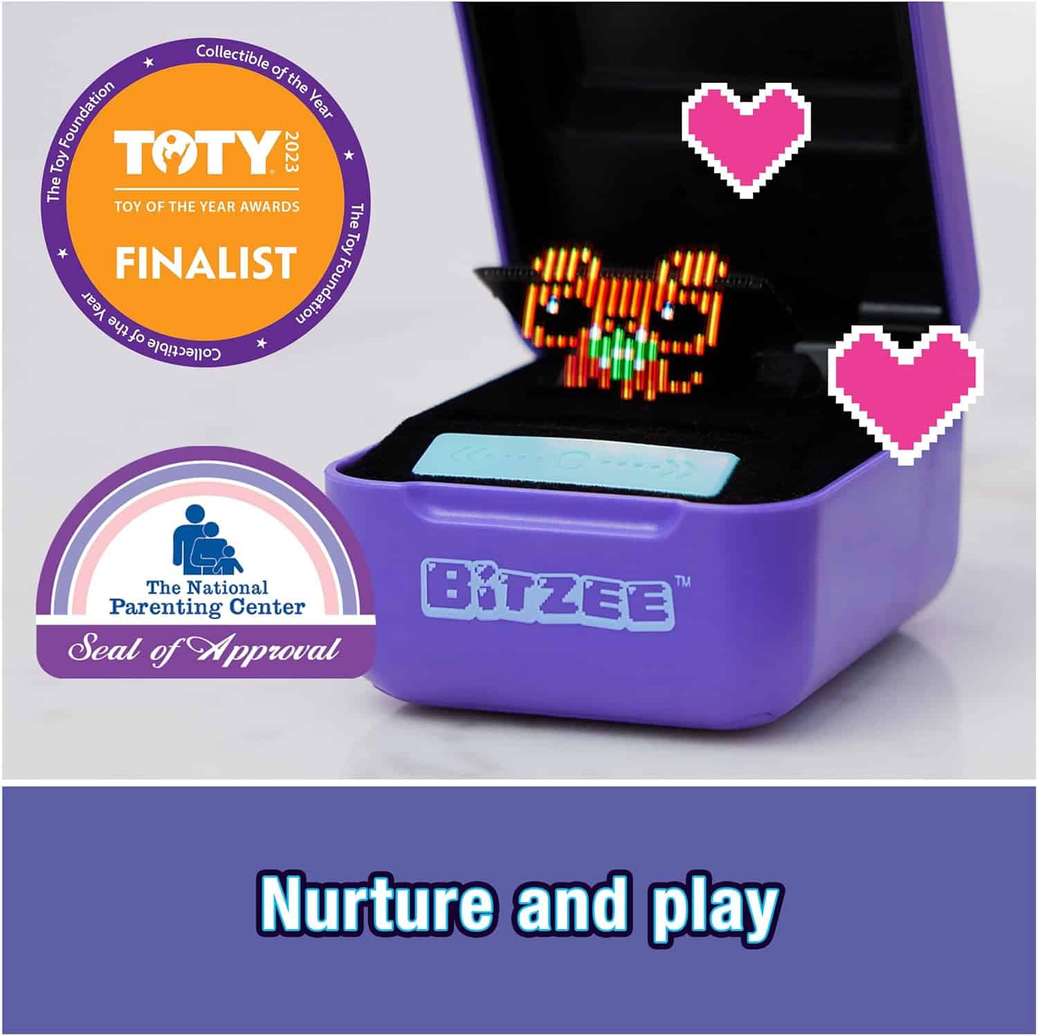 Interactive Toy Digital Pet with 15 Animals Inside, Virtual Electronic Pets React to Touch, Kids Toys for Girls and Boys (7) A purple Spin Master Bitzee Interactive Toy Digital Pet showcasing a pixelated character with hearts, alongside Toy of the Year Awards finalist and The National Parenting Center Seal of Approval logos, captioned "Nurture and play.