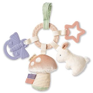 Itzy Ritzy Teething Activity Toy - Bitzy Busy Ring Features Braided Teething Ring and Dangling Toys; Includes Teether, Textured Ribbons, Crinkle Sound & Jingle Bell, Bunny Rainbow