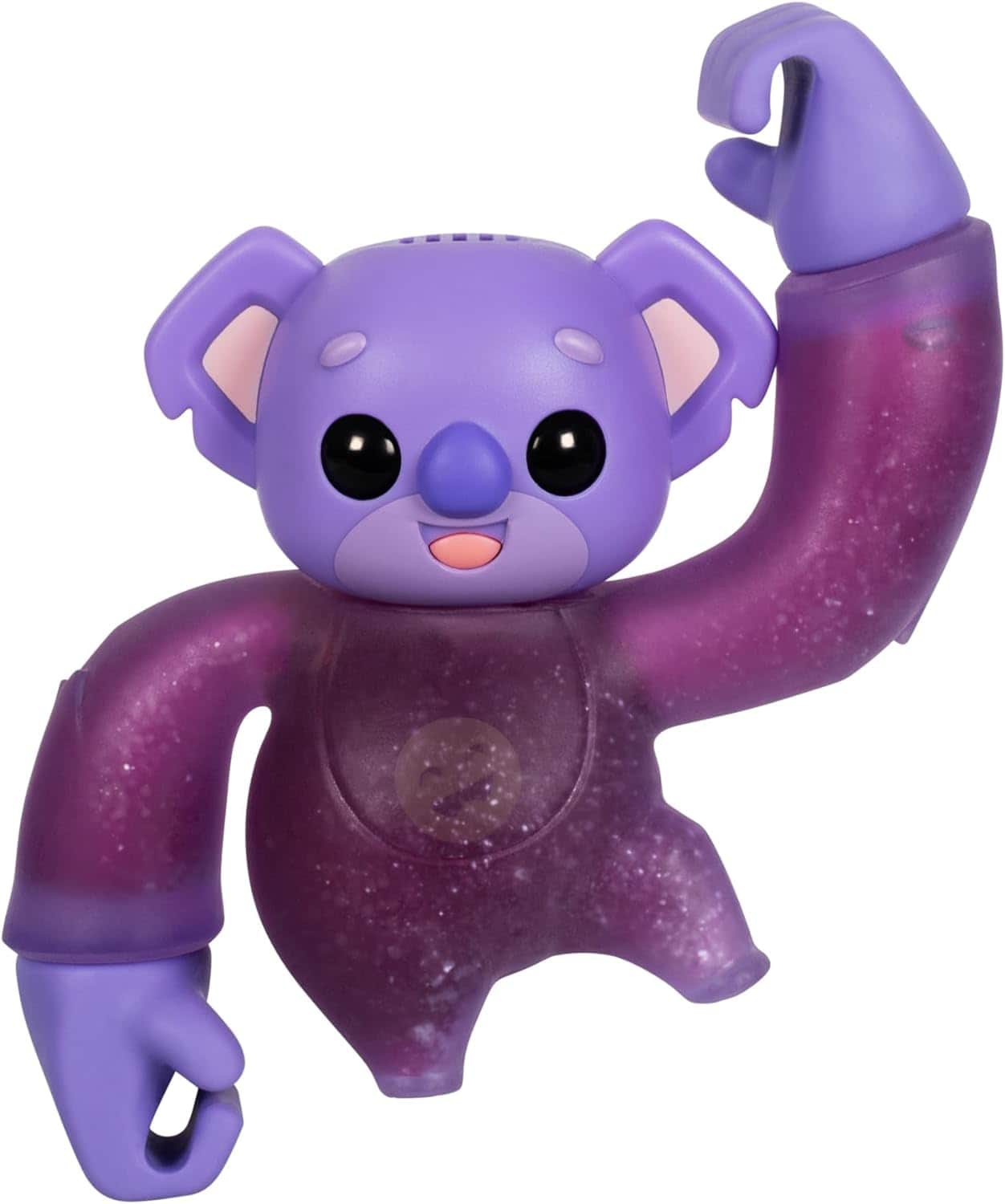 Little Live Pets Hug n' Hang Zoogooz - Koomi Koala. an Interactive Electronic Squishy Stretchy Toy Pet with 70+ Sounds & Reactions. Stretch, Squish and Link Their Hands (4) A purple, koala-like toy figure with black eyes and extended arms, posed with one arm flexed upward and the other curved downward.