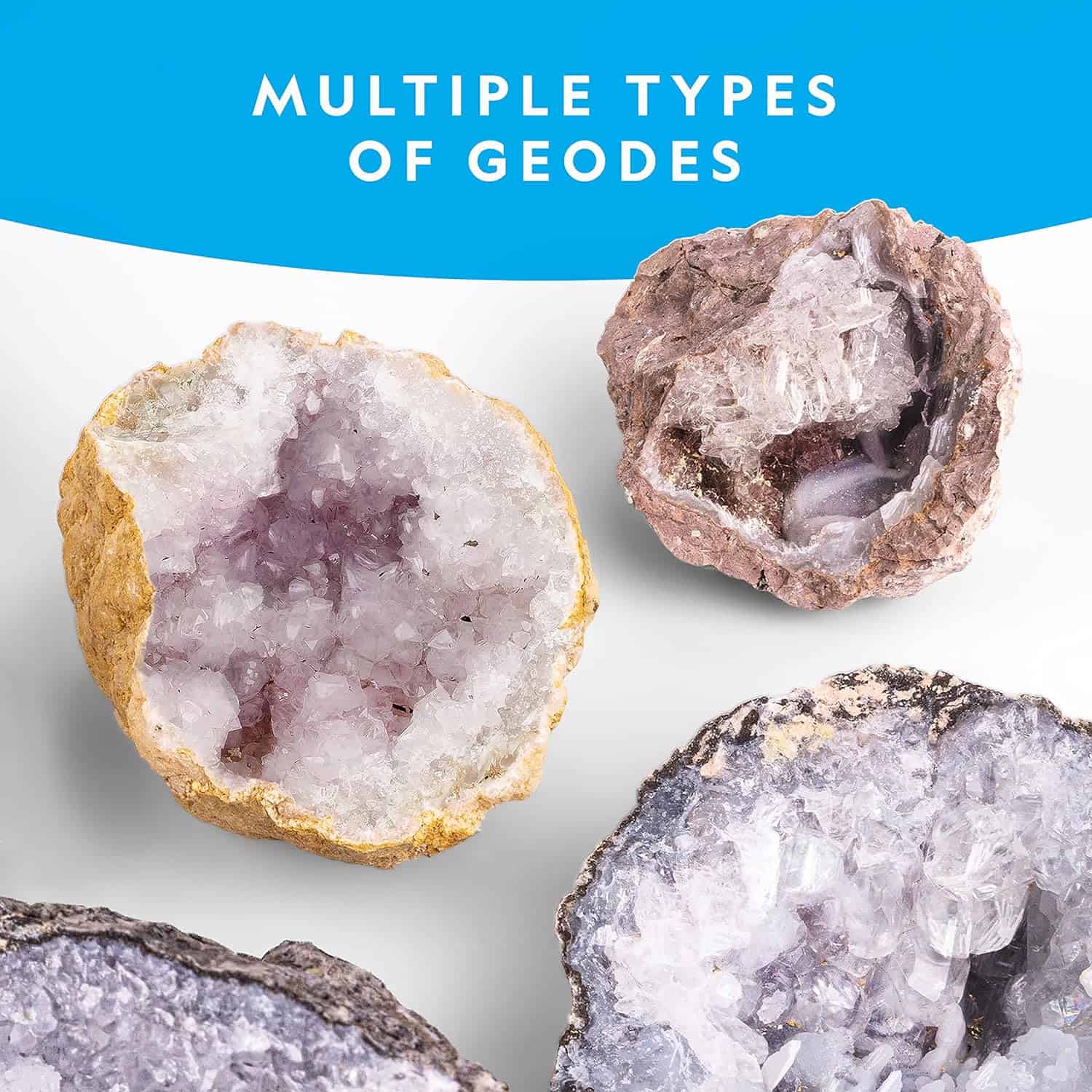 NATIONAL GEOGRAPHIC Break Open 10 Premium Geodes (4) Image showing multiple types of geodes. Each geode is split open, revealing crystal formations inside. The text above reads, "National Geographic Break Open 10 Premium Geodes.
