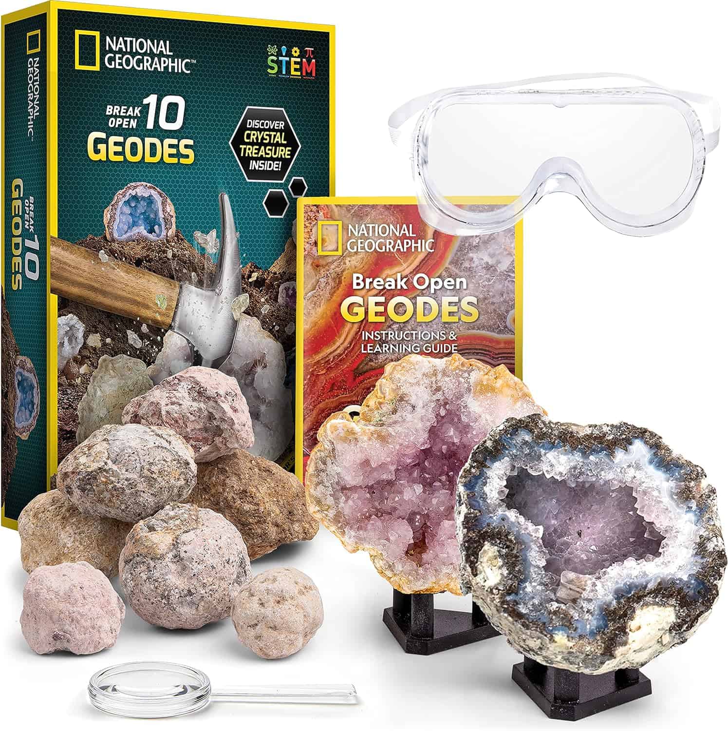 NATIONAL GEOGRAPHIC Break Open 10 Premium Geodes (7) National Geographic Break Open 10 Premium Geodes featuring a pair of goggles, various geodes, a magnifying glass, a hammer, a booklet, and display stands.