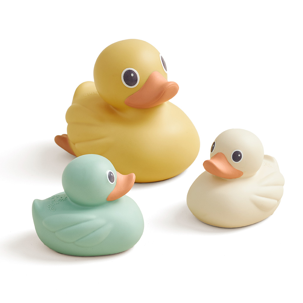 RD8553_Itzy_Ritzy_Bath_Itzy_Ducky_Family Three Itzy Ritzy Ducky Family Floating Bath Toys in various colors and sizes are displayed against a plain white background.