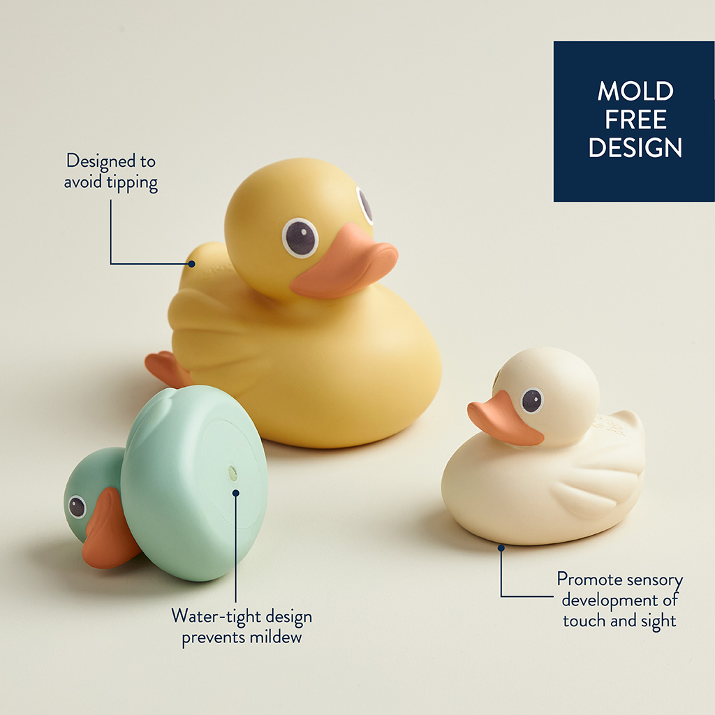 RD8553_Itzy_Ritzy_Bath_Itzy_Ducky_Family The Itzy Ritzy Ducky Family Floating Bath Toys come in a set of three mold-free rubber ducks in yellow, cream, and turquoise, designed to avoid tipping and prevent mildew while promoting sensory development of touch and sight.