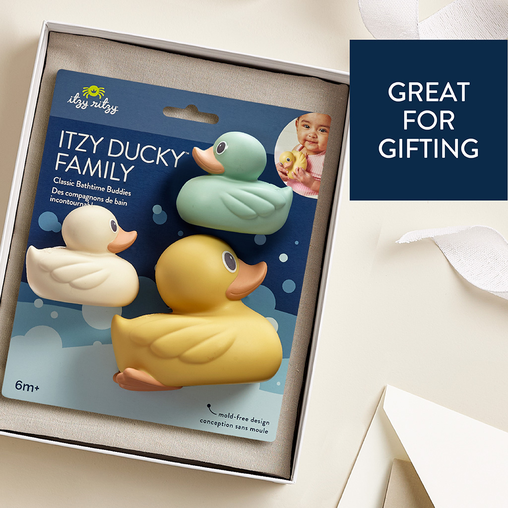 RD8553_Itzy_Ritzy_Bath_Itzy_Ducky_Family A packaged set of three bath time rubber duck toys, labeled "Itzy Ritzy Ducky Family Floating Bath Toys," arranged in a box with a "Great for Gifting" label.