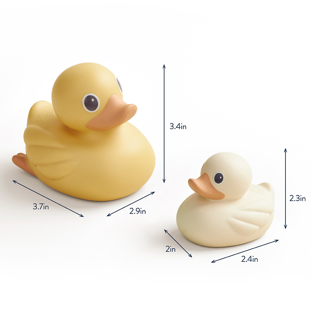 RD8553_Itzy_Ritzy_Bath_Itzy_Ducky_Family The Itzy Ritzy Ducky Family Floating Bath Toys set includes two rubber duck toys of different sizes with clearly labeled dimensions. The larger duck measures 3.7 inches by 2.9 inches by 3.4 inches, while the smaller duck measures 2.4 inches by 2 inches by 2.3 inches.