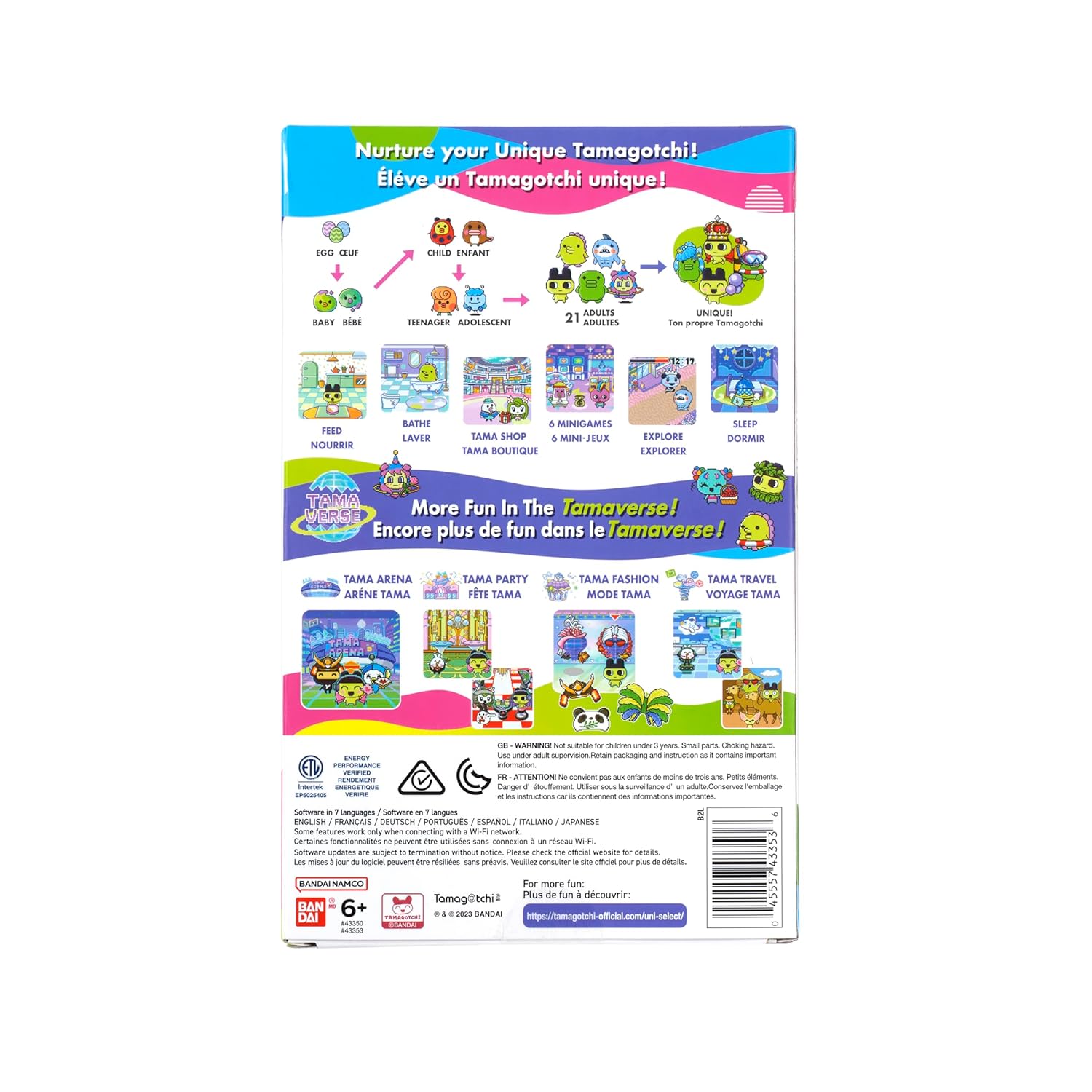 Tamagotchi Uni - Blue (5) Back of a Tamagotchi toy packaging with text describing various features and activities, including stages, growth options, and different play scenarios. Instructions and branding details are also visible.