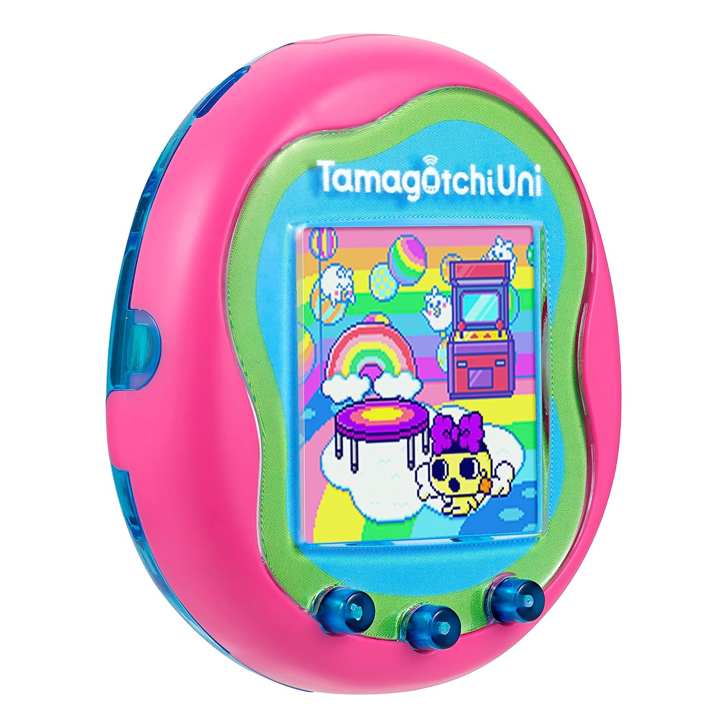 Tamagotchi Uni - Pink (4) The Tamagotchi Uni is a pink digital pet device featuring a color screen that displays a virtual pet and a vibrant background. It includes three blue buttons for user interaction.