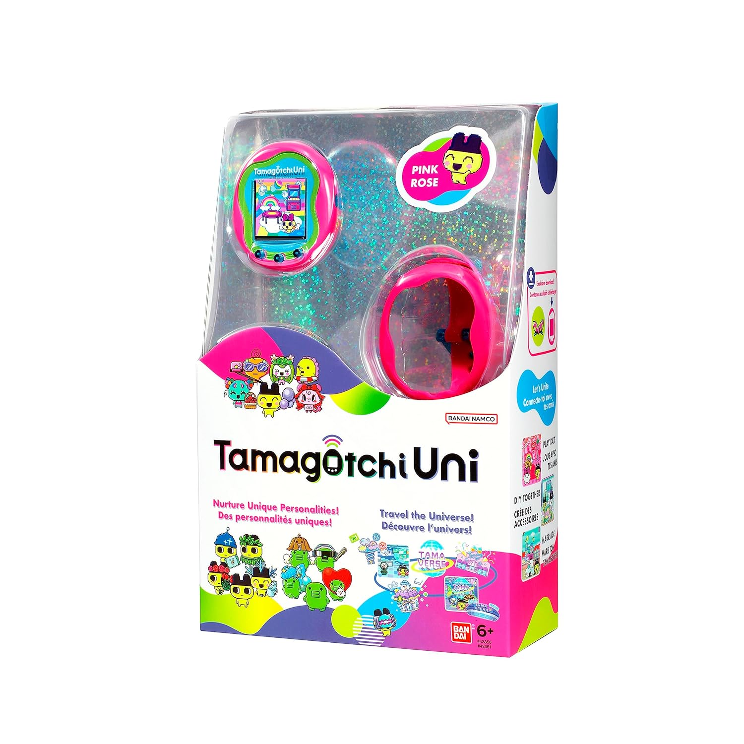 Tamagotchi Uni - Pink (5) Image of a packaged Tamagotchi Uni in Pink Rose. The packaging showcases the digital pet device and various cartoon characters, with text detailing its features in multiple languages. Recommended for ages 6 and up.