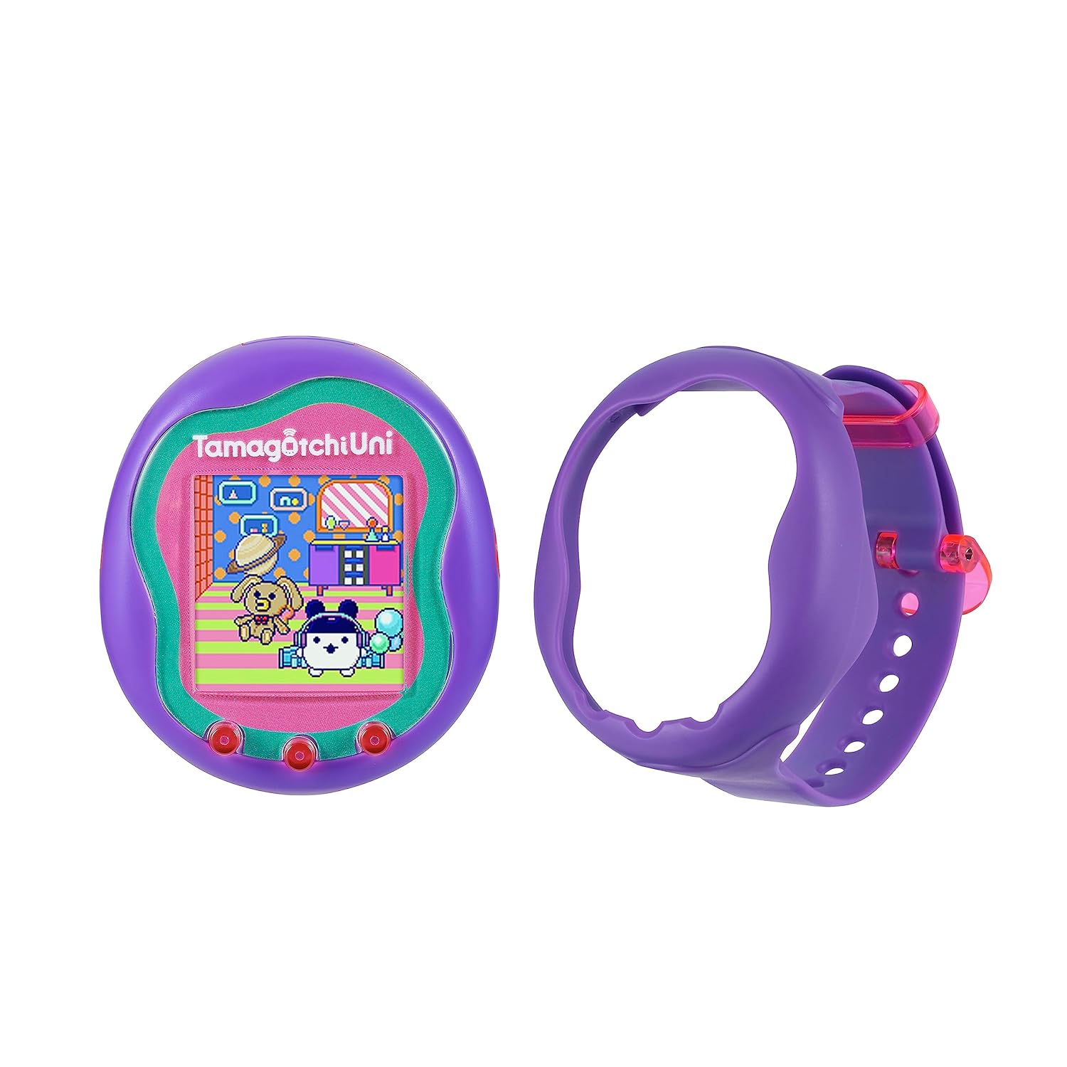 Tamagotchi Uni - Purple (1) A purple Tamagotchi Uni device with a colorful screen displaying characters, alongside a matching purple wristband.